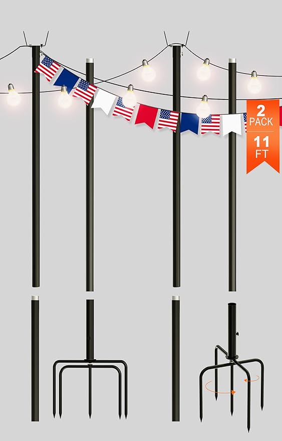 Coma 2 Pack String Light Poles for Outdoor, 11ft RustProof