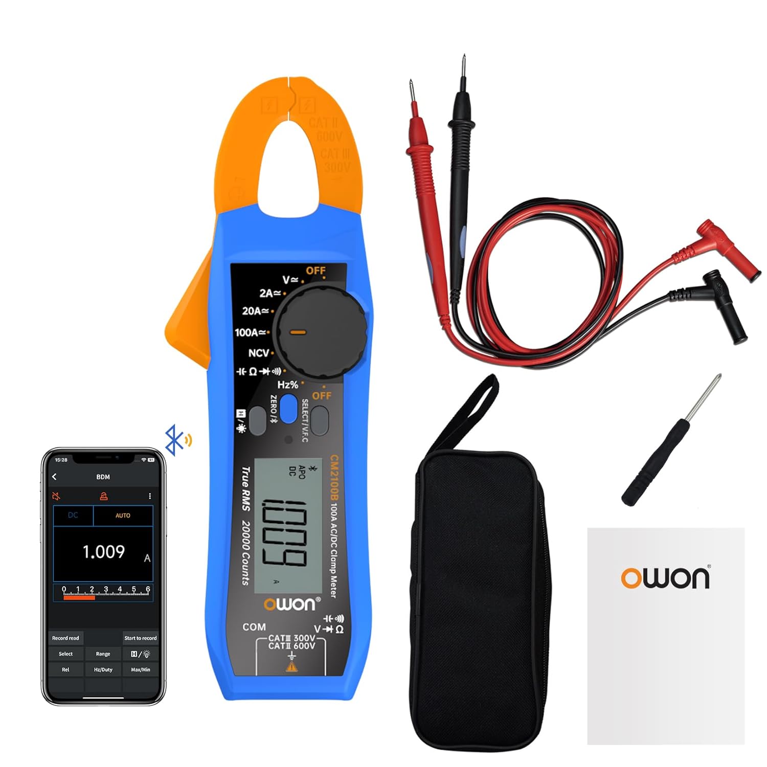 OWON CM2100B Digital Clamp Meter Auto Range 20000 Counts AC/DC Resistance Capacitance Tester Multiple Measurement Functions NVC VFC Diode Overload Protection True RMS Multimeter