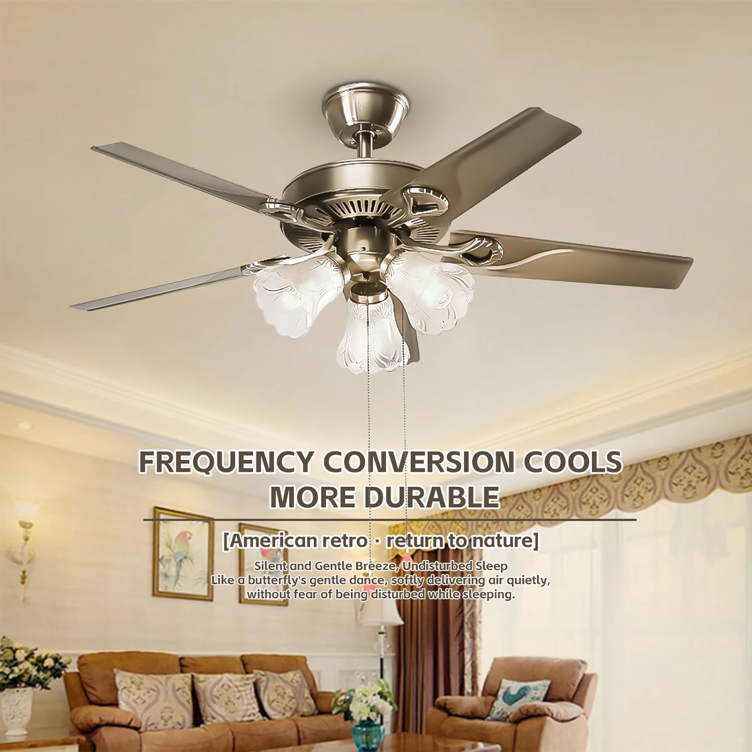 Retro Coppery Reversible Ceiling Fan，5 Fan Leaves Lighted Ceiling Fan with Zippered Reversible Ceiling Fan for Bedroom Living Room Ceiling Light Kits with Fans