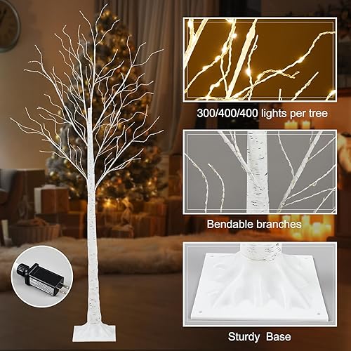 Miniatura 5 de 6 piezas de árbol de abedul iluminado de 4 pies, 5 pies y 6 pies, 8 modos de Navidad, luces LED artificiales de color blanco cálido, árbol de abedul