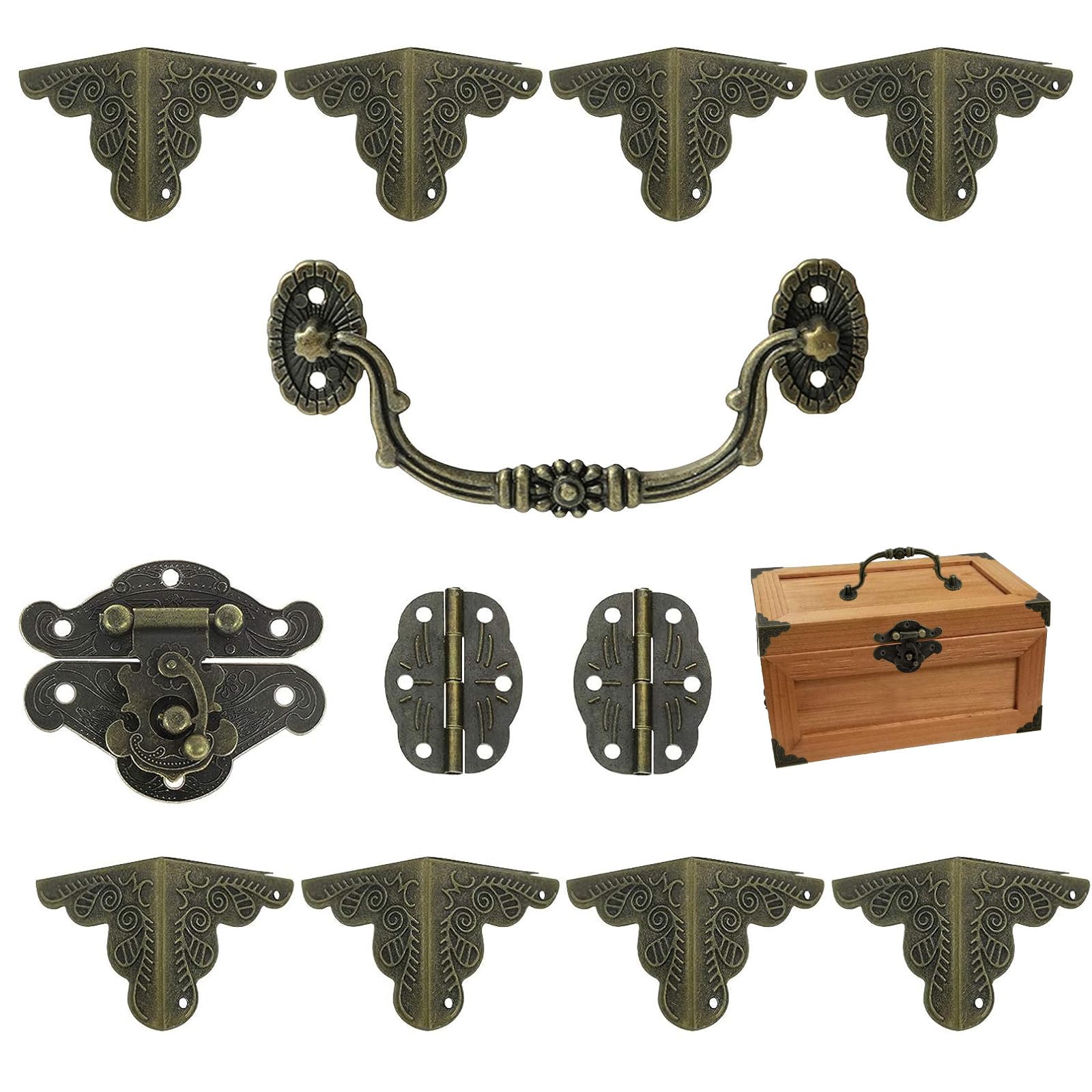 Morobor Green/Bronze Antique Lock Latch Hasp Hinges Handle With Corner Protectors Kit For Diy Jewelry Box, Wood Case Chest Storage - Box Not Included