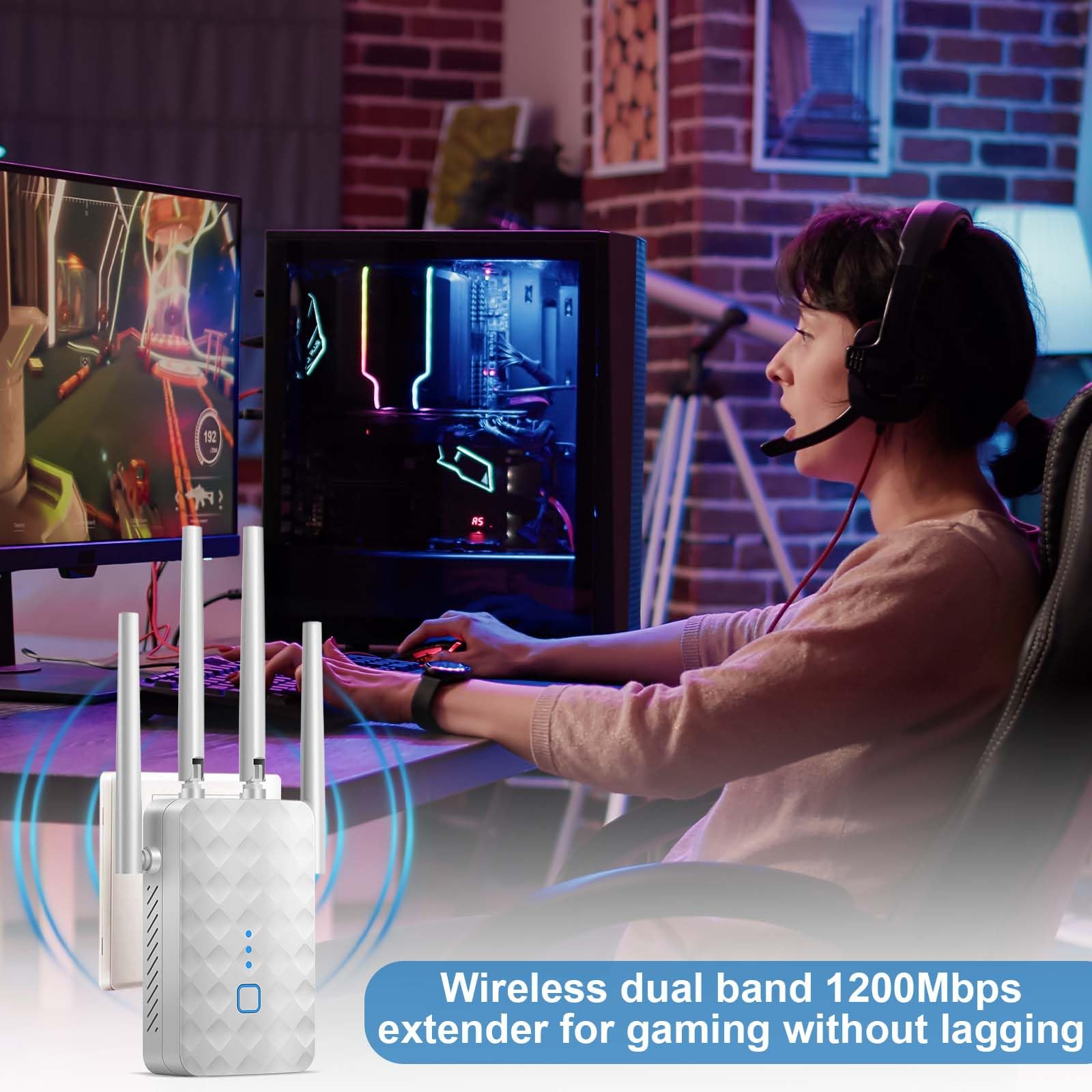 Wzmacniacz sygnału WiFi 1200 Mbit/s Dual Band 5 GHz + 2,4 GHz - przedłużacz WiFi 4 anteny, port Gigabit LAN, tryb AP/repeater, WPS, kompatybilny ze wszystkimi routerami Ethernet WAN (czarny)