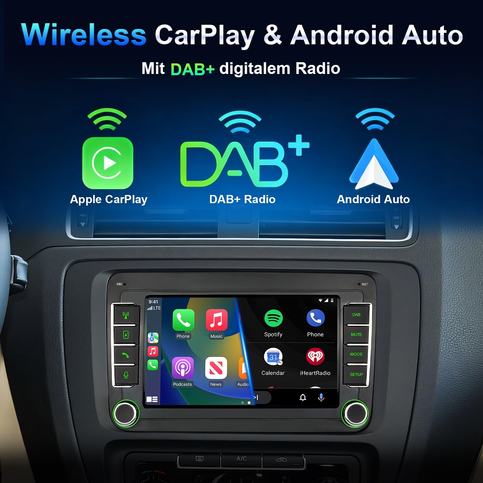DAB Autoradio mit Bildschirm für VW Golf 5 6 T5 Polo 6R Caddy Skoda Tiguan Seat Passat, 7 Zoll Radio mit Apple CarPlay Wireless Android Auto Mirrorlink, Bluetooth, FM, Lenkradsteuerung, DAB+ 2Din