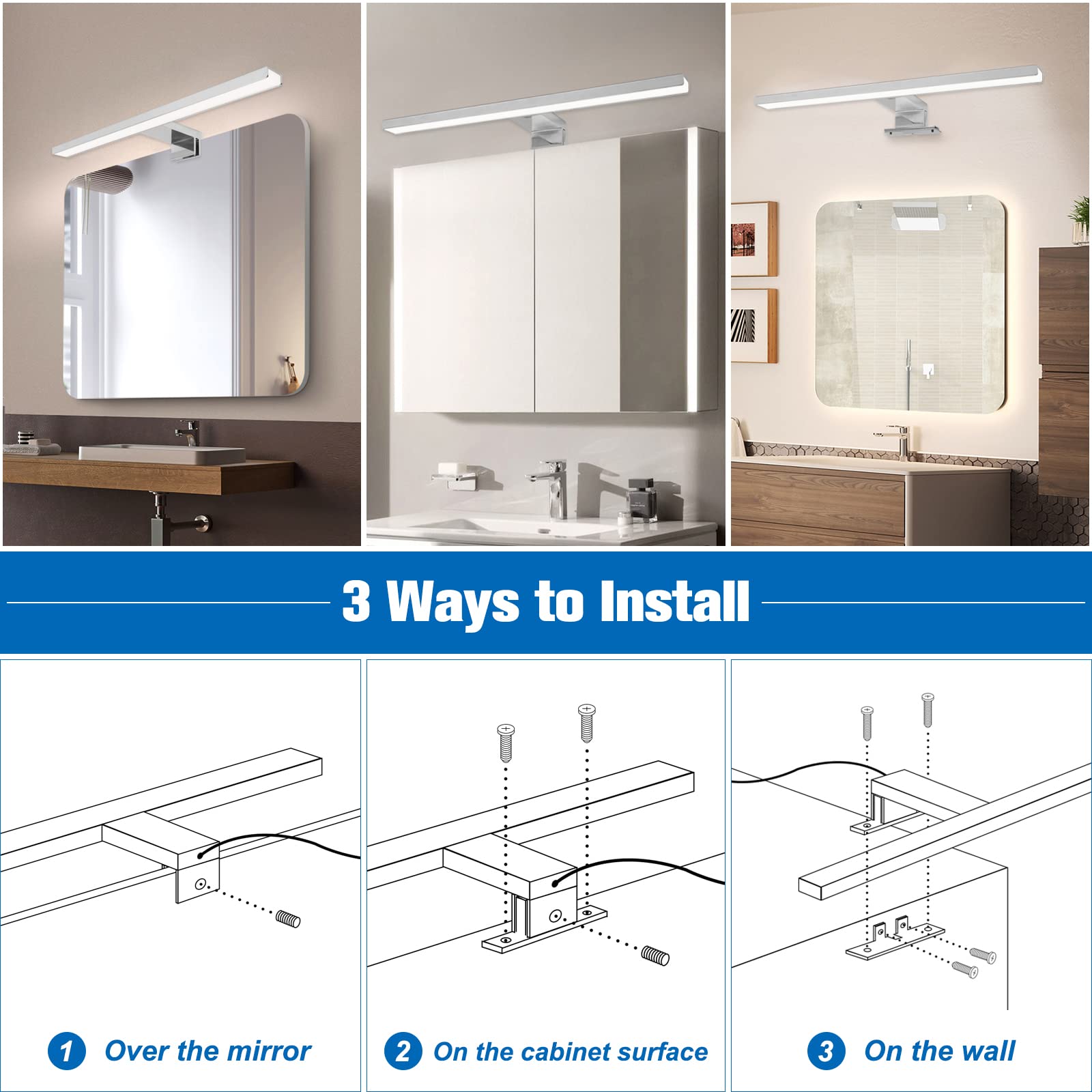 NIORSUN LED Lampara Espejo Baño 18W 80cm Temperatura de Color Dual 4000K 6000K, 2000lm Lampara Baño, Apliques Espejo de Baño Impermeable IP44, Se Pueden Instalar en Espejos/Gabinetes/Paredes（Plata）