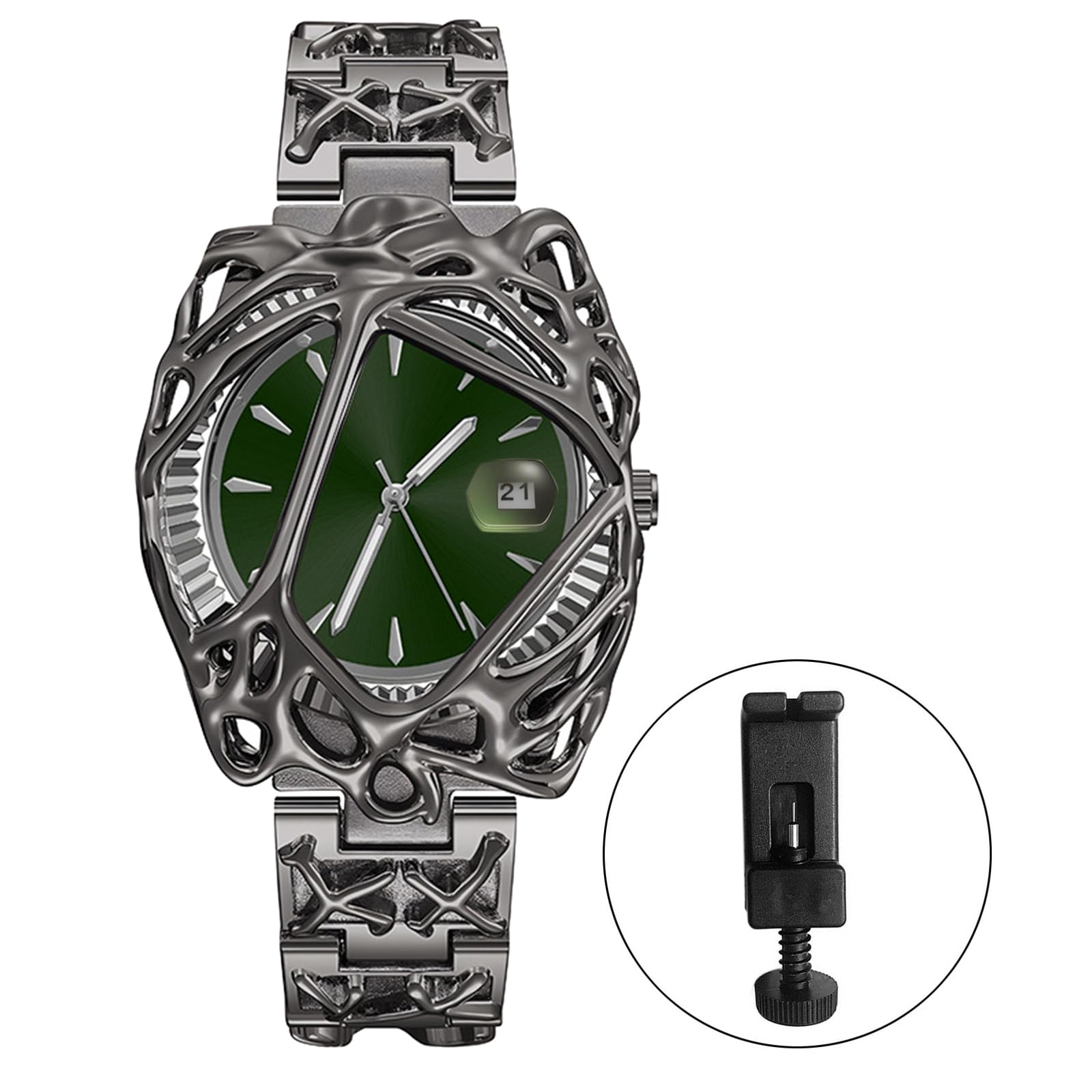 JewelryWe Orologio da uomo punk Y2K nero quadrante verde quarzo data cinturino rimovibile | Cinturino staccabile in lega, look streetwear, festival musicali, feste a tema, serate in discoteca, abiti cyberpunk