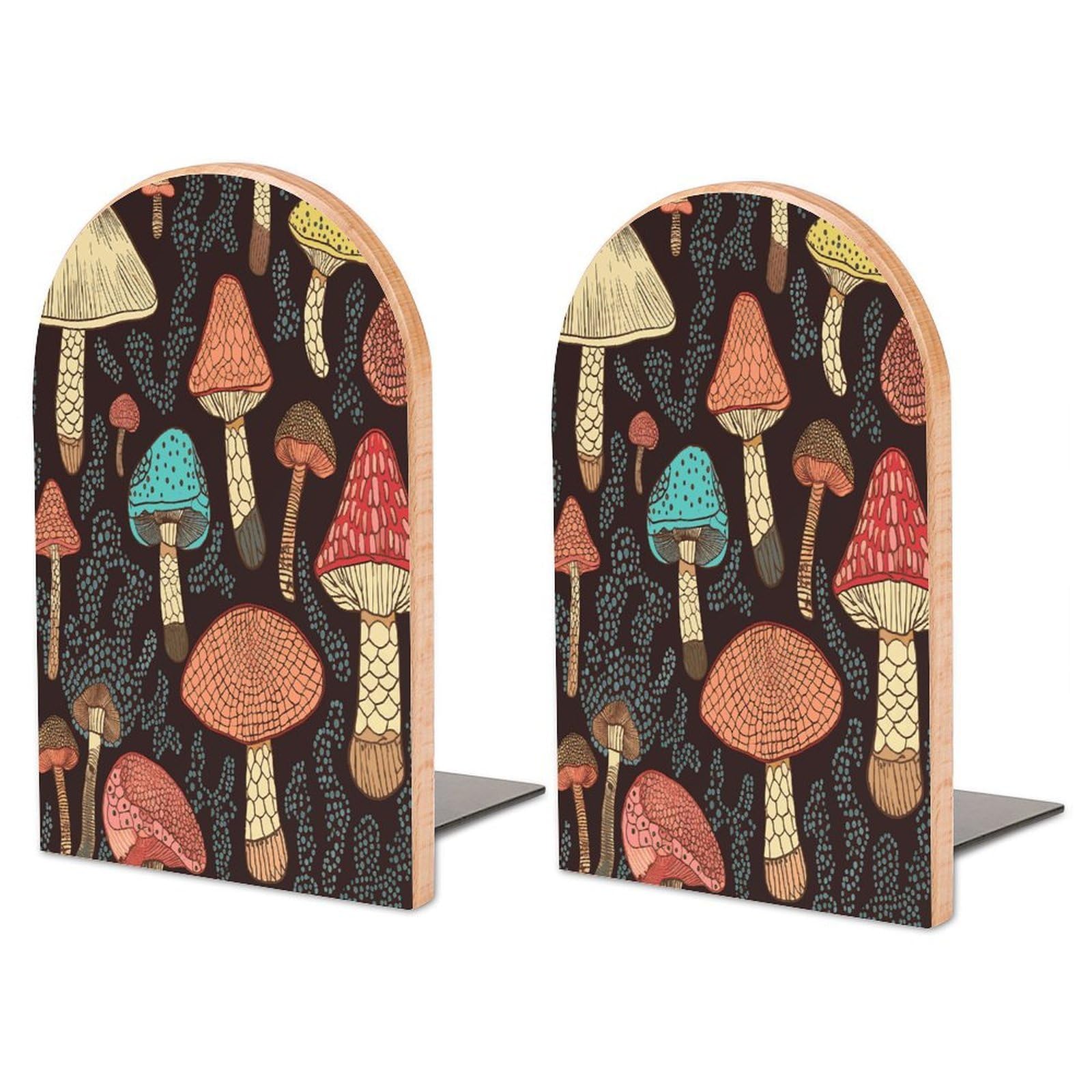 Large Mushroom Book End with Metal Base Fashion Heavy Duty Bookend Exquisite Wooden Bookends Non-Skid Book Stopper for Shelves Books Organizer for Office Home 1 Pair