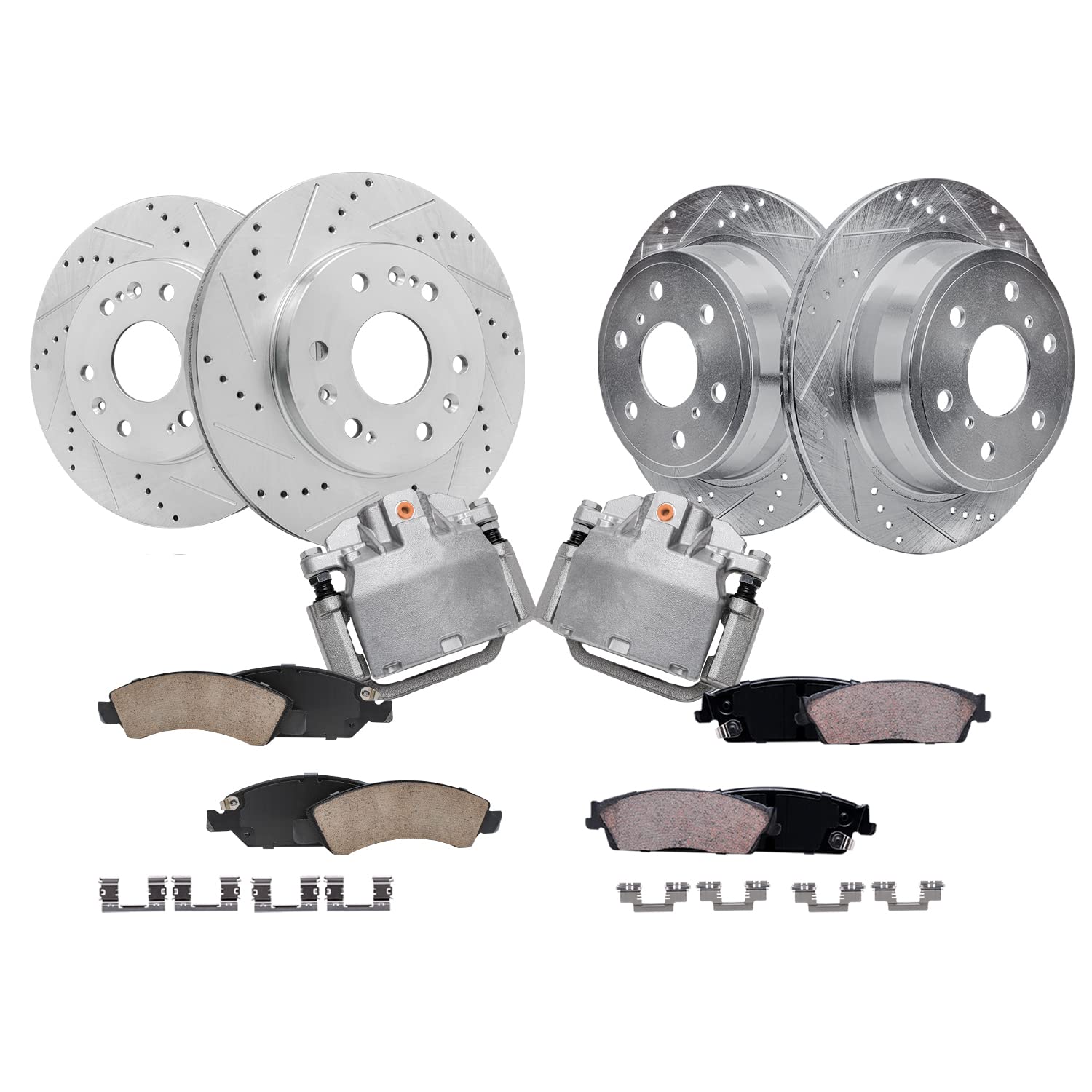 Detroit Axle - Brake Kit for Chevy GMC Silverado Sierra Suburban 1500 | Avalanche Tahoe Yukon Cadillac Escalade Front Rear Drilled &amp; Slotted Brake Rotors Ceramic Brake Pads Rear Brake Calipers