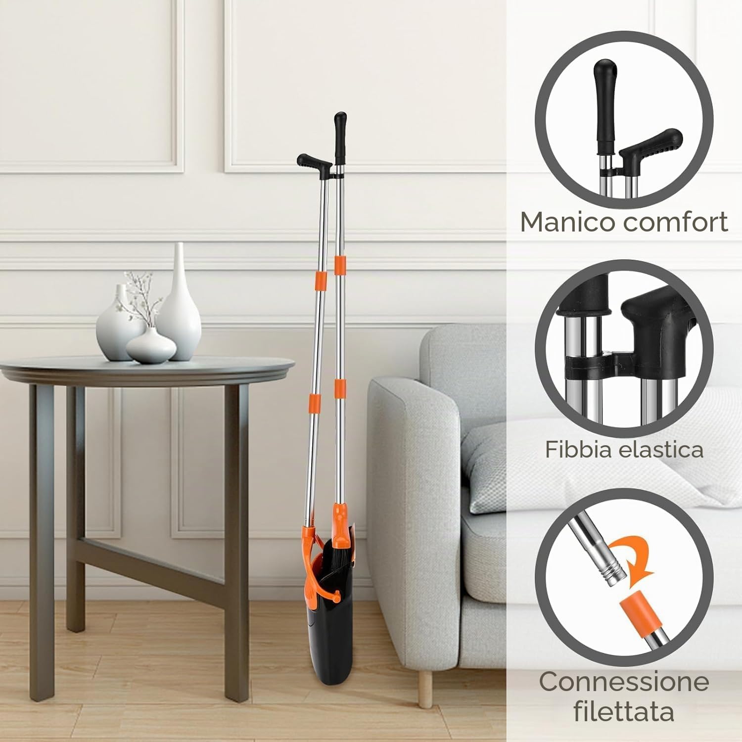 Set di scope e paletta, con manico lungo, manico allungabile, paletta verticale, Broom and Dustpan, per interni ed esterni, garage, cucina, ufficio