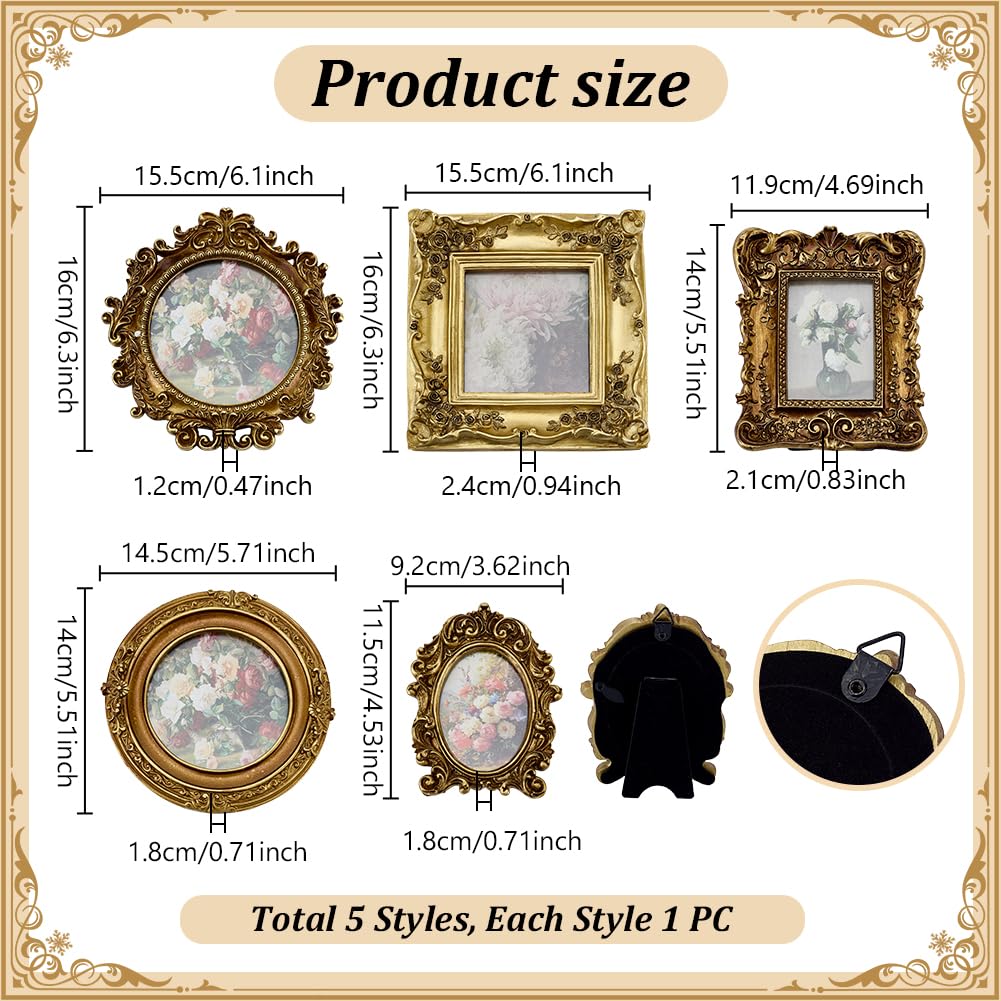 PH PandaHall 5 Stile Kleine Antike Bilderrahmen, Mini Harz Gold Winzige Bilderrahmen Verzierter Vintage Fotorahmen Mit Blumigen Relief Panel Für Zuhause Anzeige