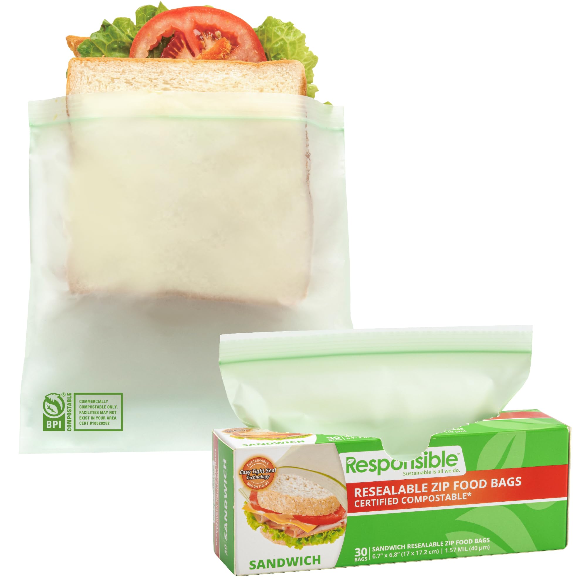 Responsible Products Certified Compostable SANDWICH Resealable Zip Bag, Extra Strength Food Bags, Plant-Based Freezer-Safe (30 Pack)