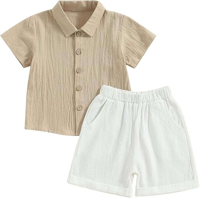 KtwHarnu Toddler Baby Boy Summer Outfit Cotton Linen Short Sleeve Button Down Shirts Elastic Waist Shorts 2Pcs Clothes Set