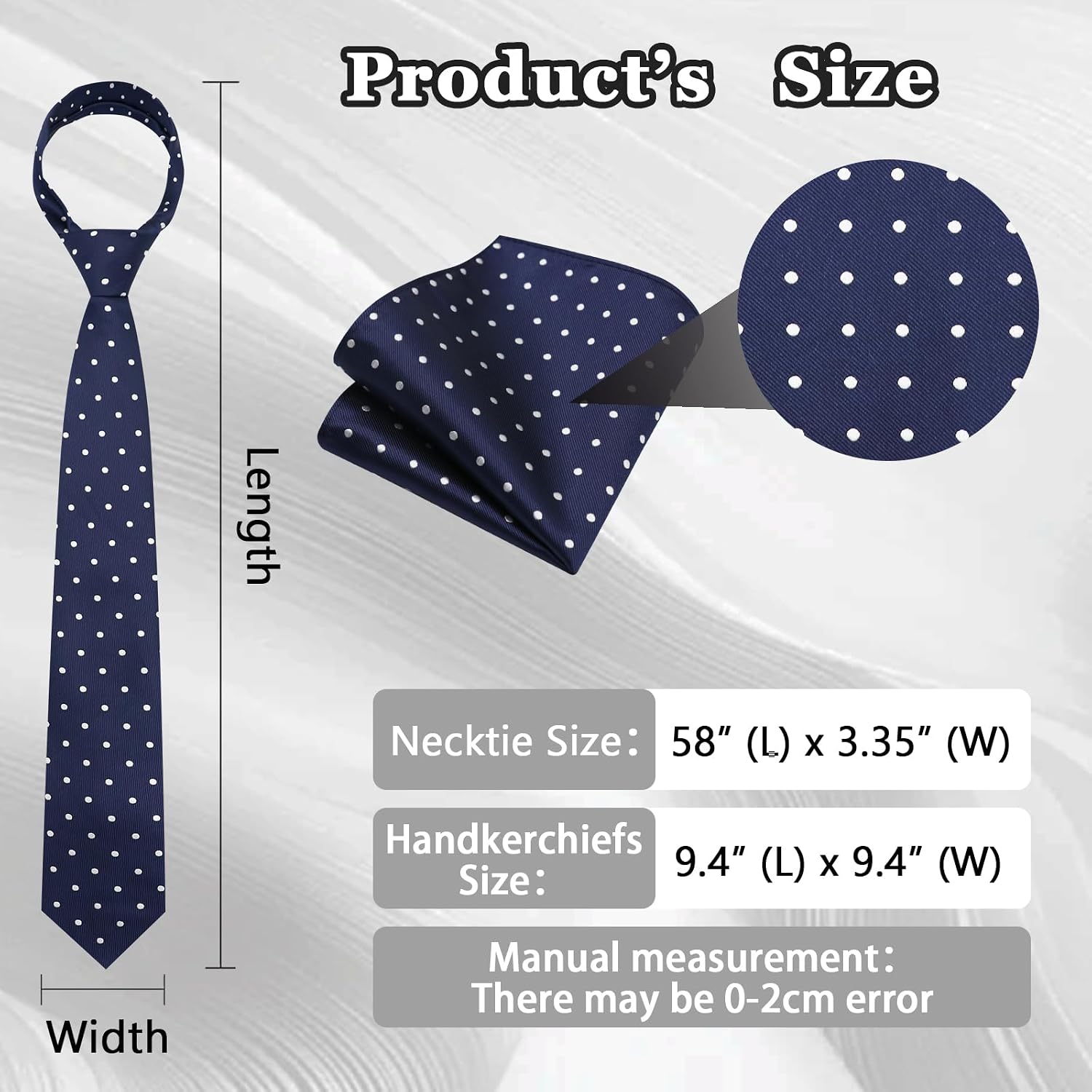 LJBFNN Mens Tie and Pocket Square Combo, Black Blue and White Polka Dot Ties for Men with Handkerchief for Business Tuxedo