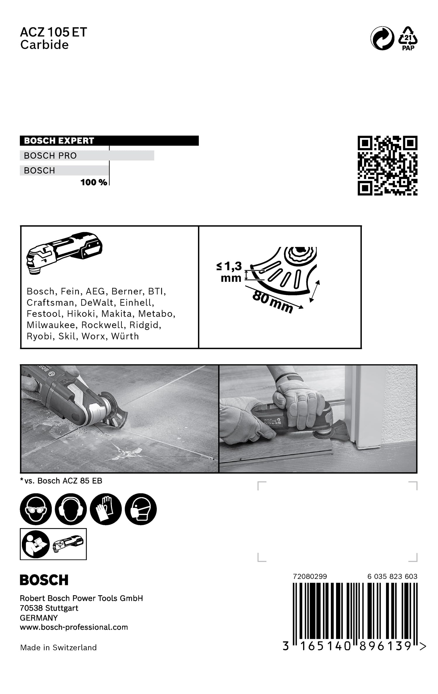 Bosch 1x Segmentsägeblatt Expert MultiMaterial ACZ 105 ET (für Faserkunststoffe GFK, CFK, Ø 105 mm, Professional Zubehör Multifunktionswerkzeug)
