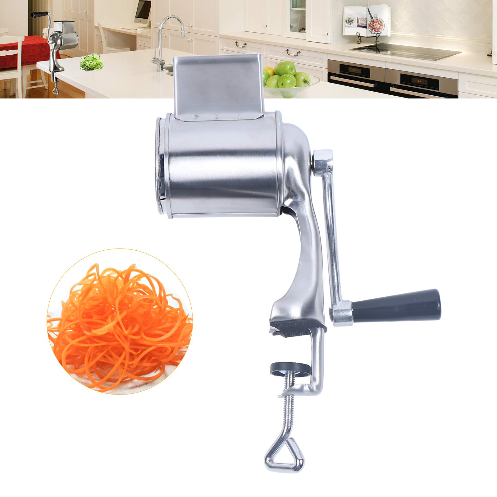 Grattugia manuale per patate, in acciaio inox, taglierina manuale a tamburo, grattugiatrice con 5 tamburi, da cucina, facile da usare, argento, 10 x 24 cm