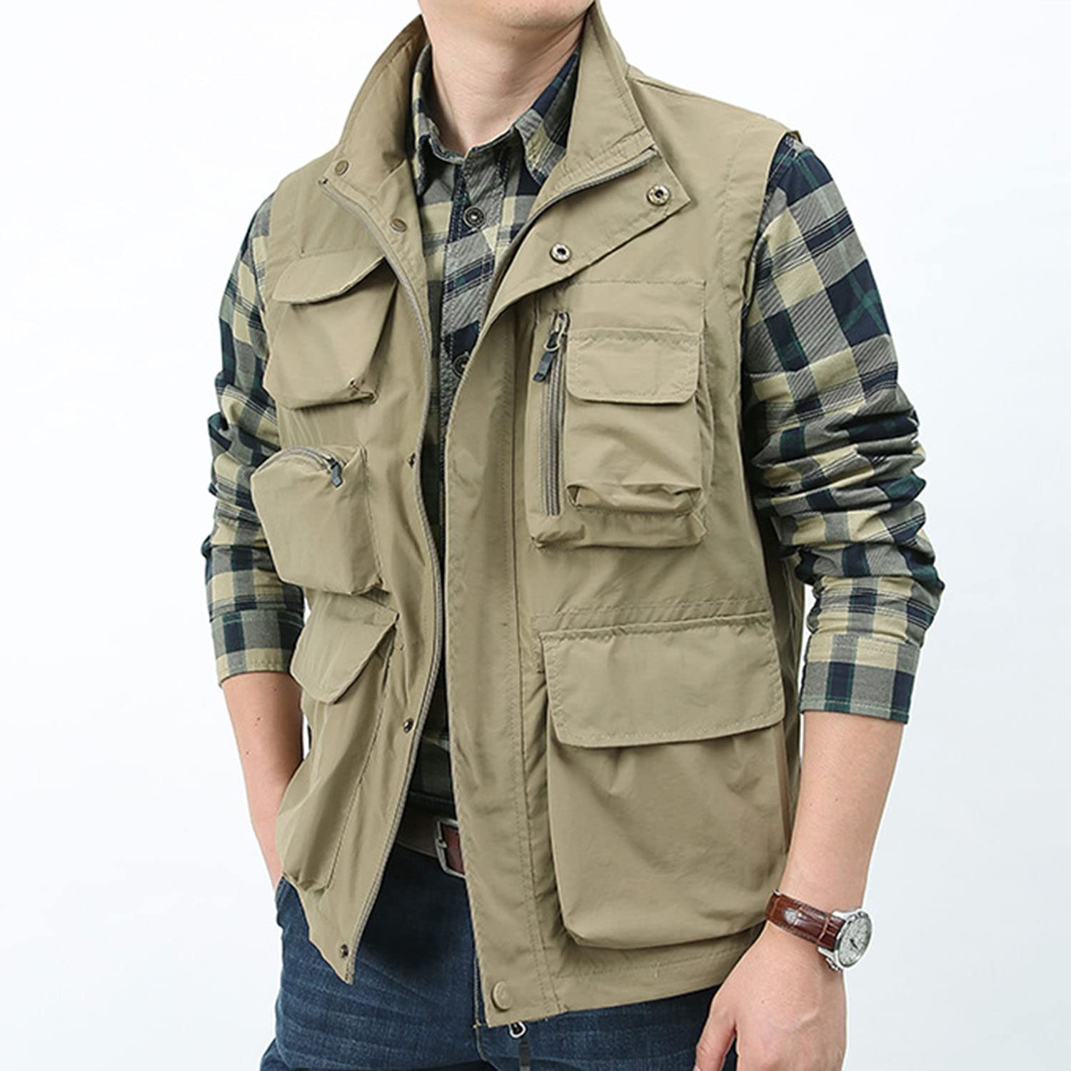 Chaleco Sin Mangas con Multibolsillos para Hombre Chaleco De Pesca Exterior Chaleco Casual Multifuncional Chaqueta Impermeable De Secado Rápido