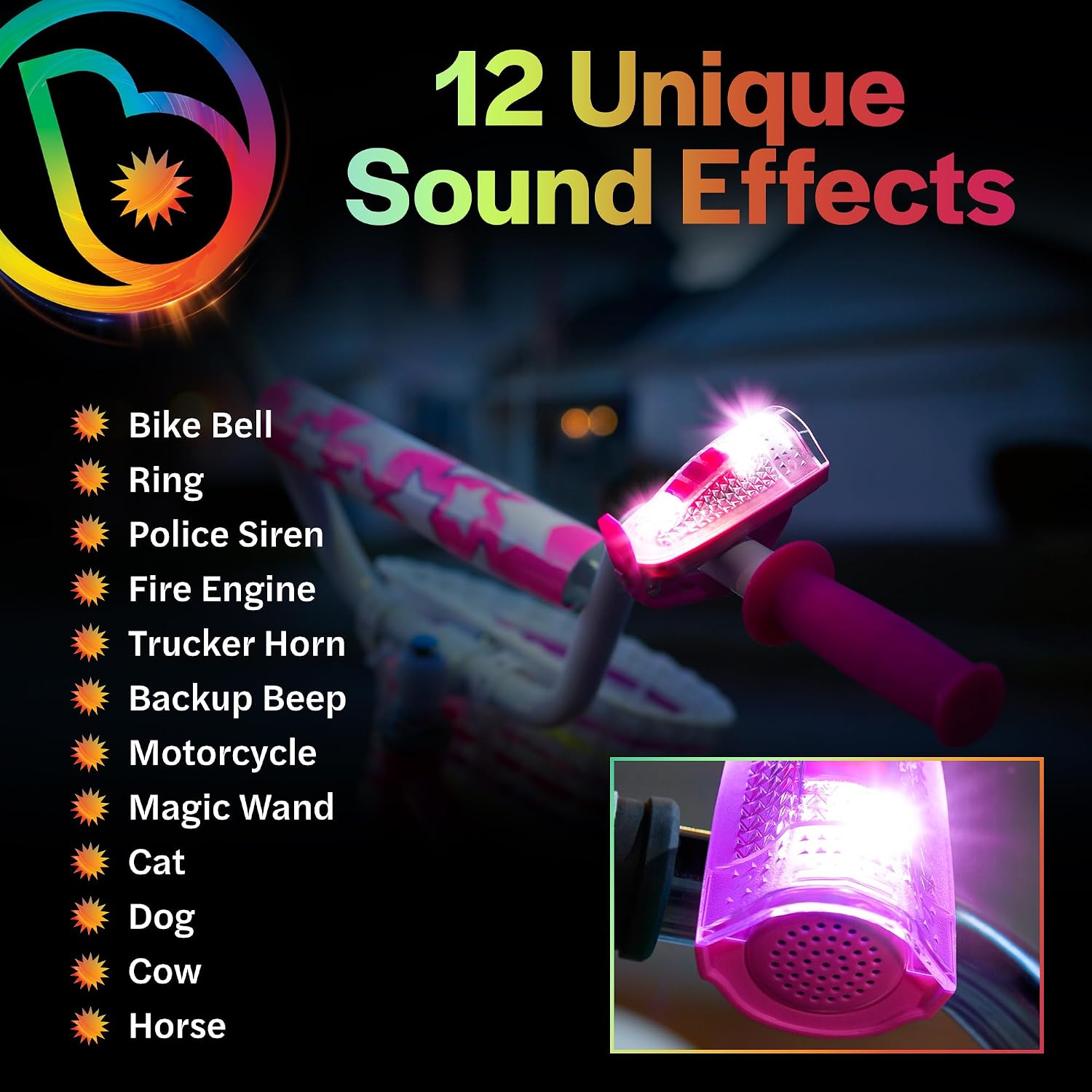 Brightz HornBrightz Light Up LED Bike Horn Light - 12 Unique Sound Effects - Bike Bell, Ring, Police Siren, Fire Engine, Trucker Horn, Backup Beep, Motorcycle, Magic Wand, Cat, Dog, Cow, Horse