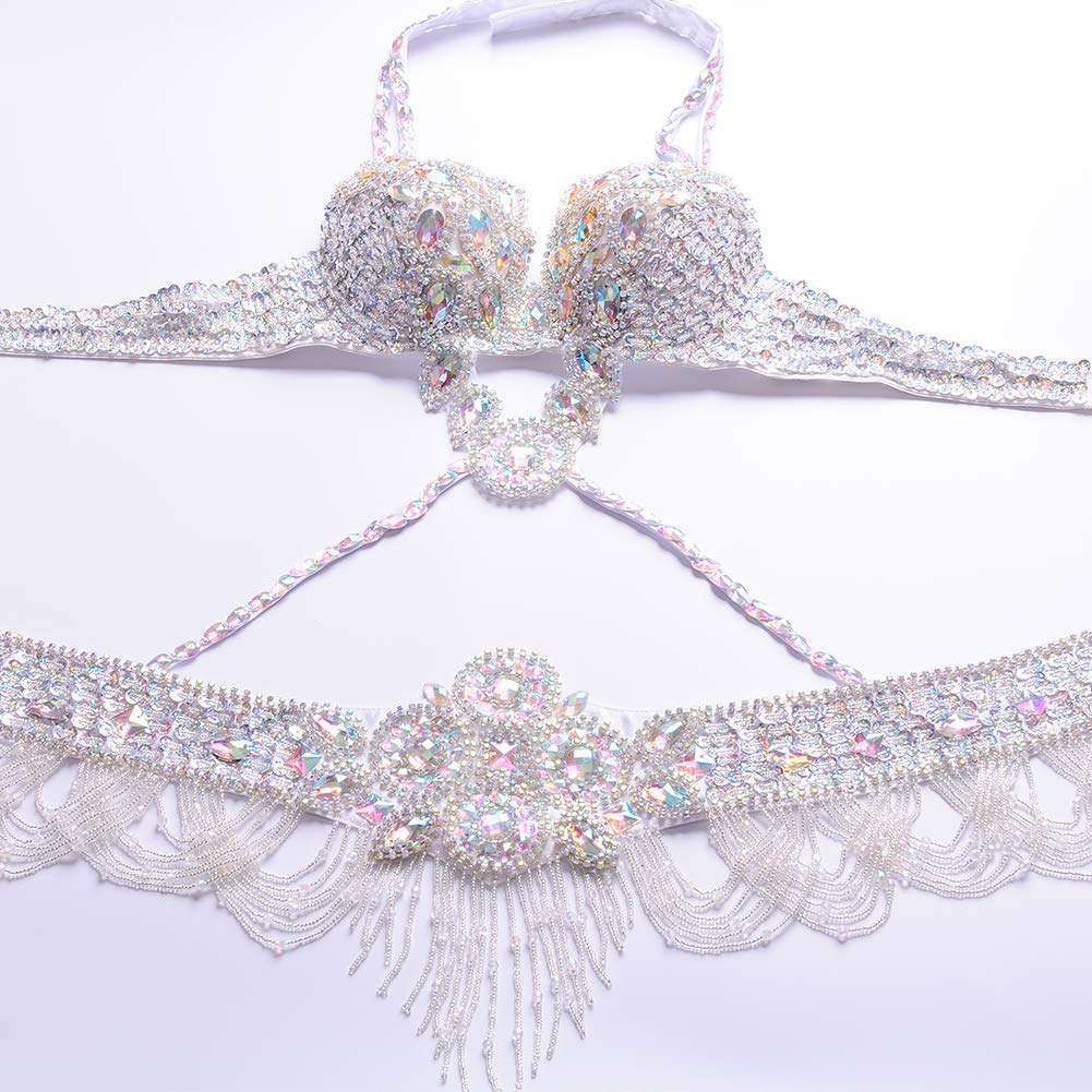 ROYAL SMEELA Bauchtanz BH Gürtel Set Damen Bauch Tanz kostüm für Frauen Sexy Glänzend Silber Strass BH Gürtel Tribal Halfter Hals Halter BH Gürtel Anzug Bauchtanz Kostüm Damen Bauch Tanzen Kleidung