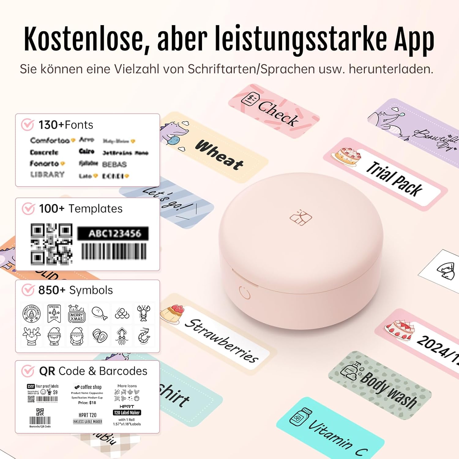 Screenshot showing the PRT H11 app's features including fonts, templates, symbols, QR code, and barcode generation.
