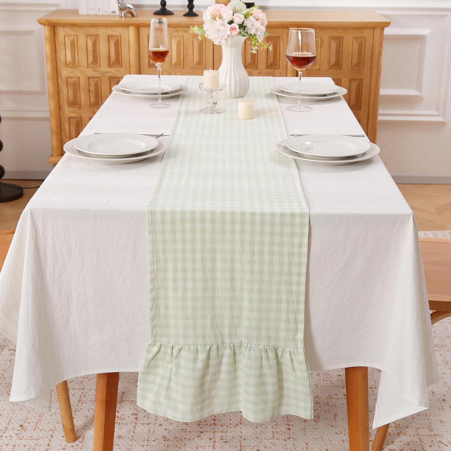 Pile Green White Plaid Gingham Ruffle Table Runner 120 inches Long Christmas 100% Washed Cotton Decorative Farmhouse Cabinet Cover (Pile Green, 120"x13")