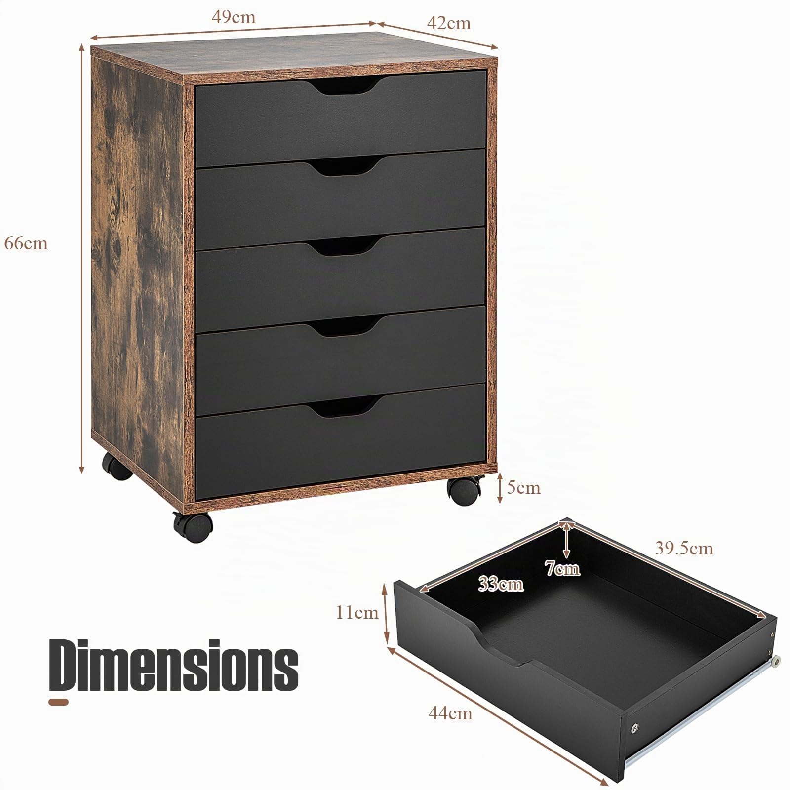 KOMFOTTEU Commode à 5 Tiroirs, Caisson de Rangement Mobile avec 4 Roulettes Universelles, Classeur Vertical en Bois, pour Salon, Chambr, Bureau, Étude, 49 x 42 x 66 cm (Marron rustique)