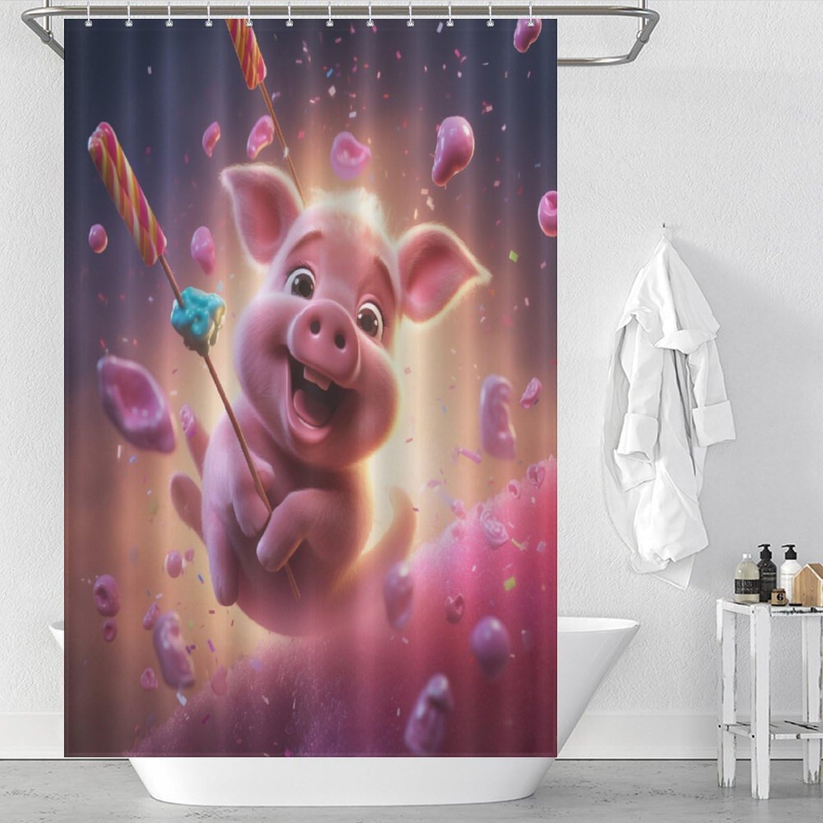 Rideau de douche anti-moisissure et lavable motif cochon mignon 122x183cm en tissu imperméable