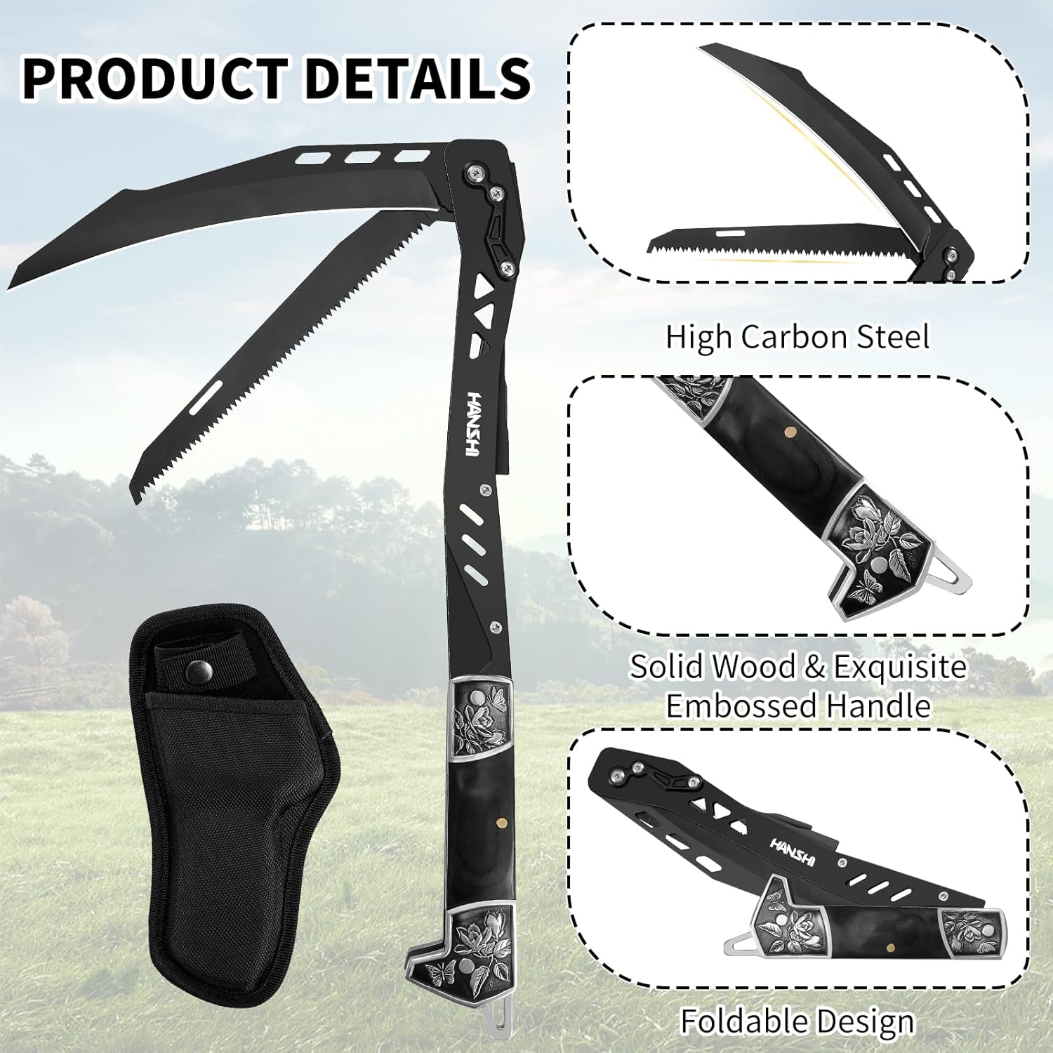 HANSHI Multifunctional Folding Sickle with Sheath,Foldable Scythe with Knife and Saw for Adventure,Camping,Climbing,Farming Work,Horticulture Work,Portable Garden Tool for Weeding,Grass
