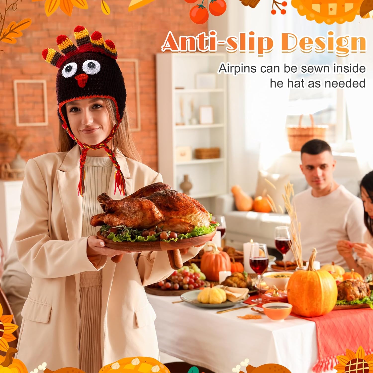 15 Pcs Thanksgiving Turkey Costume 3 Knitted Hat 6 Glasses with 6 Hairpin, One Size Funny Adult Hat Party Supplies