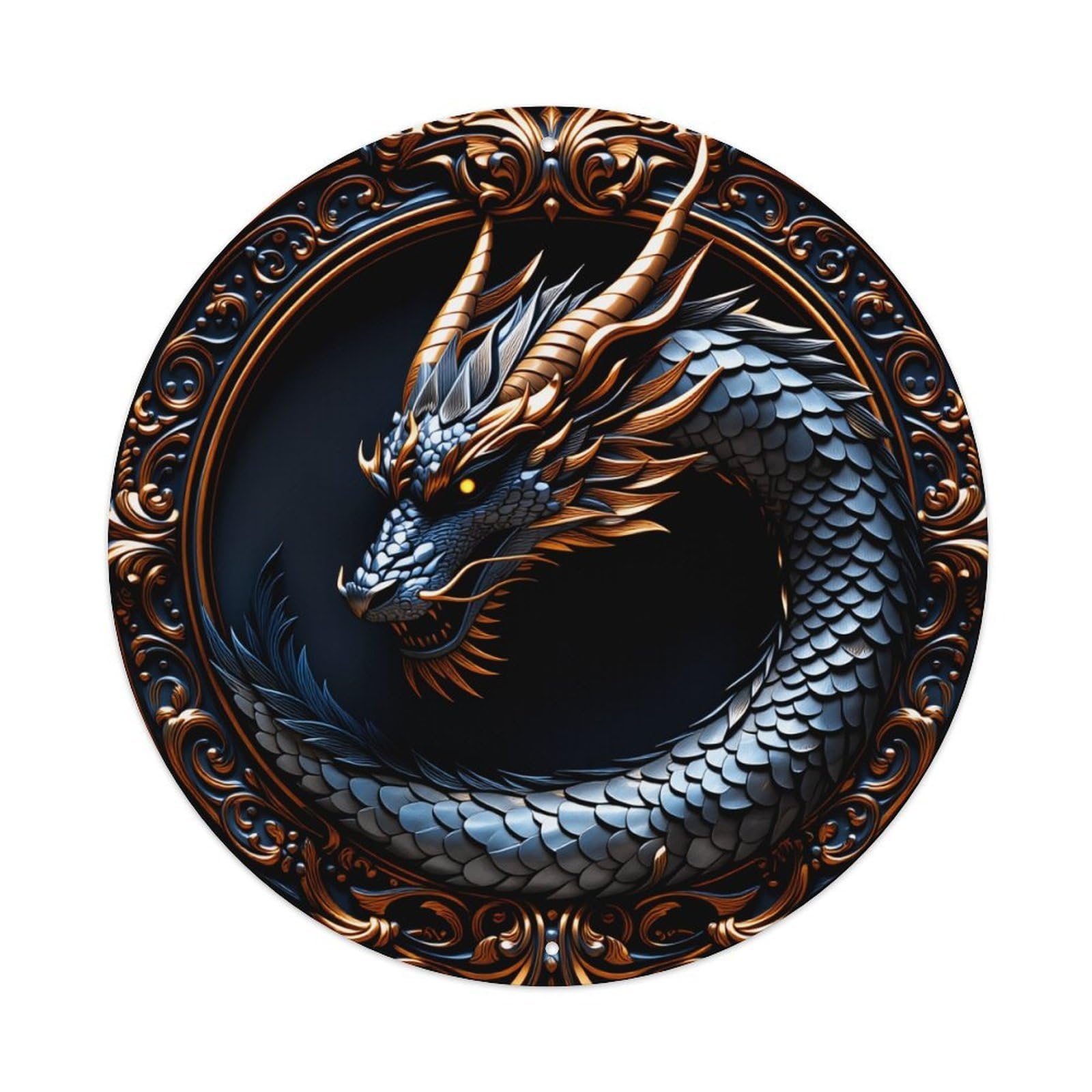 Dragon Coiled In Ornate Circular With Intricate Details Round Vintage Tin Sign,Retro Wall Art,Metal Poster for Home, Bar, Garage, Cafe, Rustic Indoor & Outdoor Decor, 8x8 Inches