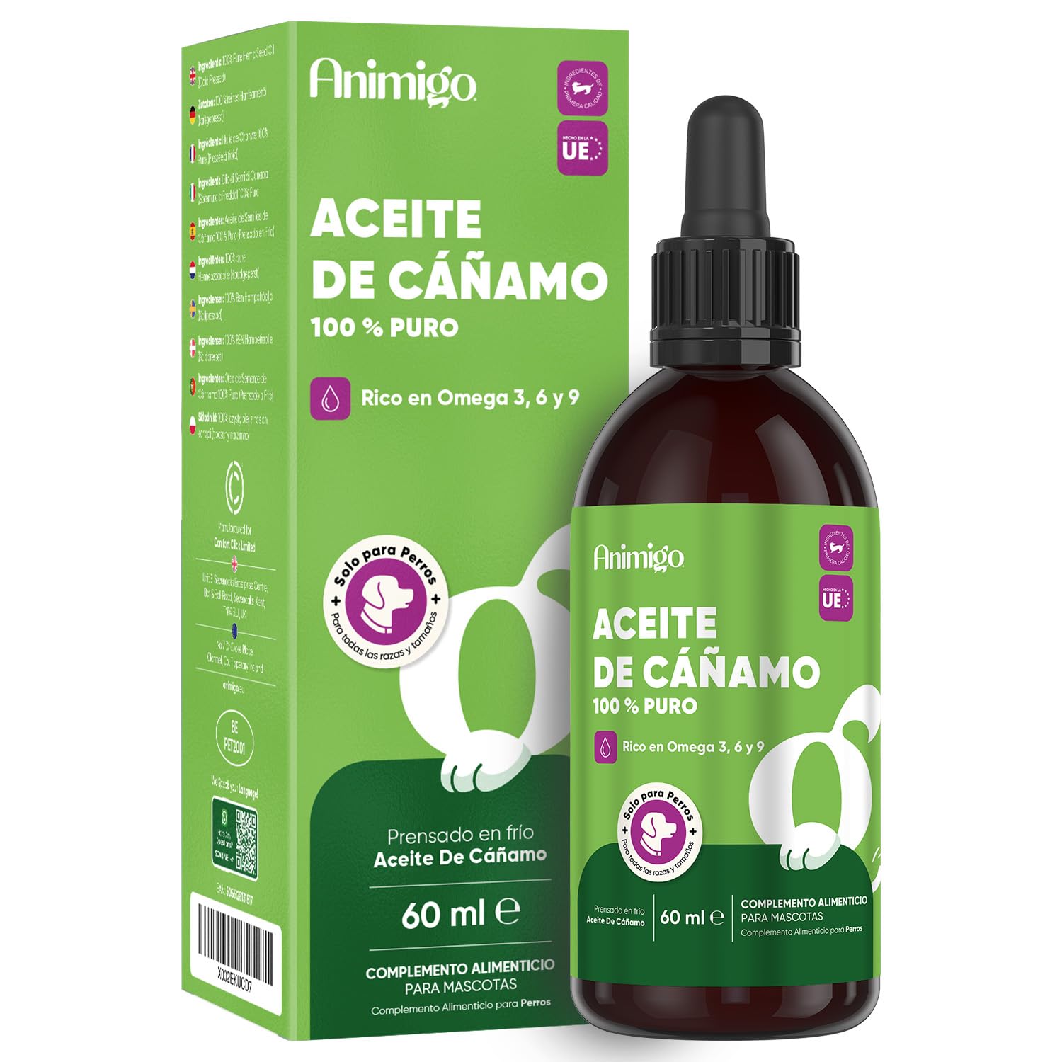 animigo Aceite de Cáñamo 100% Puro para Perros 60ml - Calmante y Antiestrés, Fuente de Omega 3, 6 y 9, Mejora el Sueño y Cuida Sus Articulaciones, Piel y Pelo, Sin Sabor y Muy Fácil de Usar