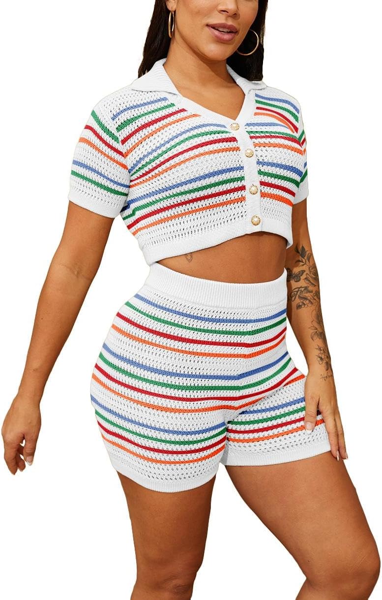 HBQ Womens 2 Piece Crochet Outfits Knit Button Down Shirts Hollow Out See Through Color Block Summer Vacation Short Sets-Block-L - Image 2