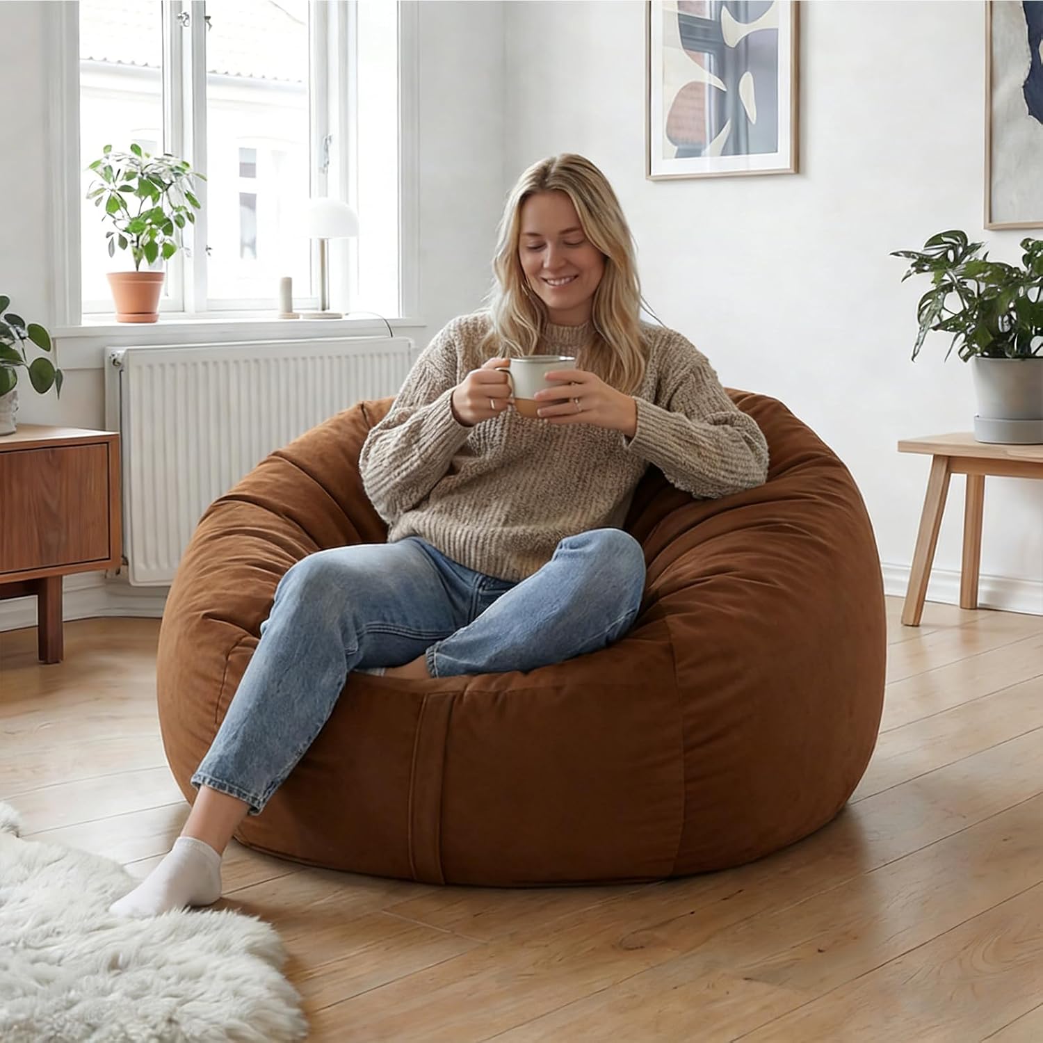 YuppieLife Large Foam Filled Bean Bag Chairs for Kids Teenagers Adults Living Room Gaming Relaxing 4F Machine Washable Lazy Sofa（Brown