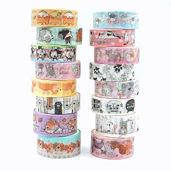 16 Rolls Cut Pets Washi Tape Set, Kawaii Animals Washi Masking Tape Decorative Tape for Bullet Journal, Book, Planner, Scrapbooking, DIY Arts