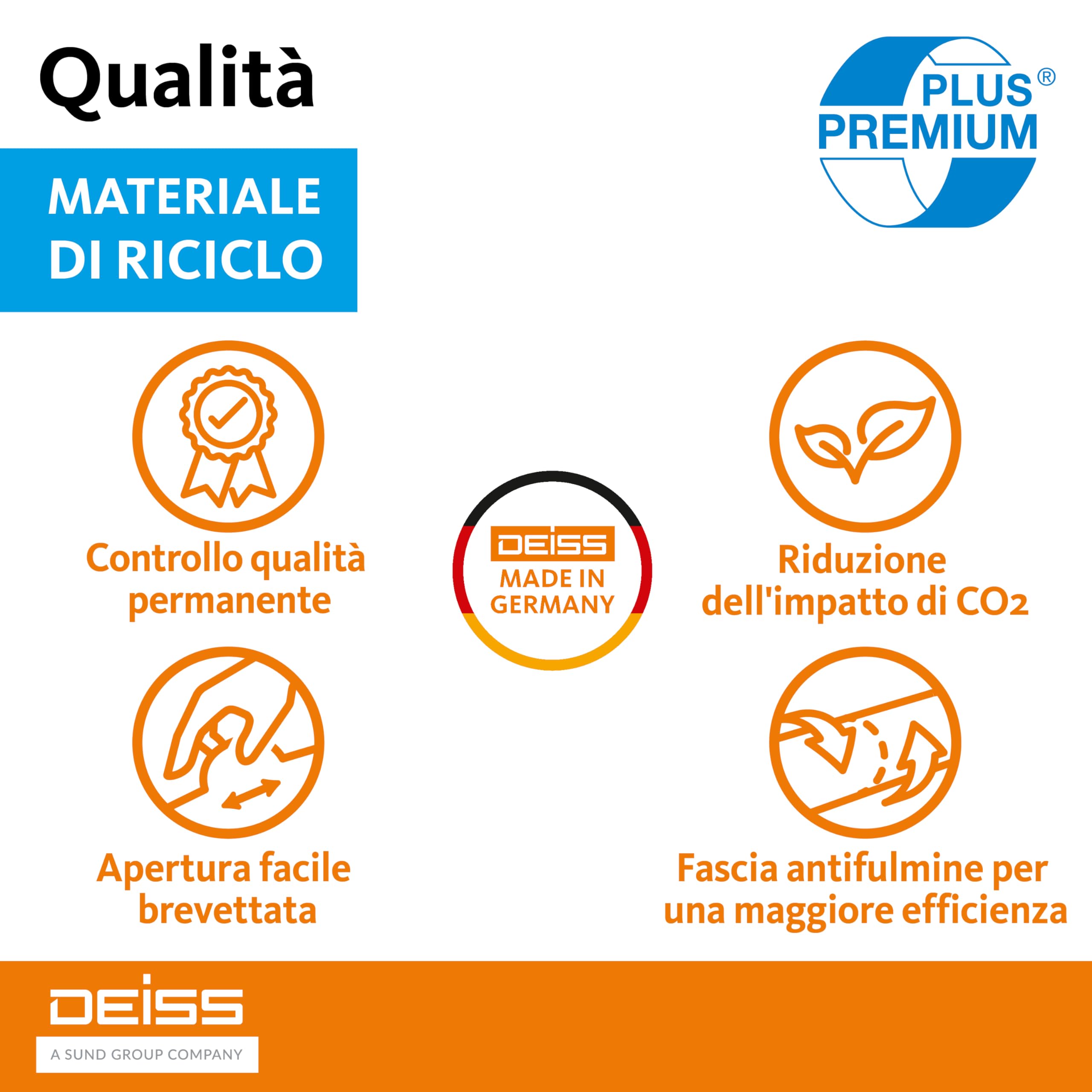 Deiss Premium Sacchi Immondizia 100 L - 700x1100 Mm, Tipo 100, 20 Pezzi Per Rotolo, Colore Blu, Resistenti