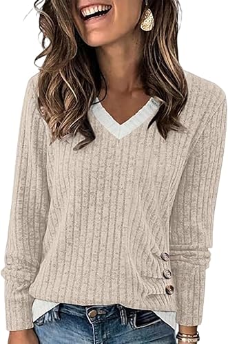 Womens V Neck Long Sleeve Shirts Fall 2026 Lightweight Color Block Sweater