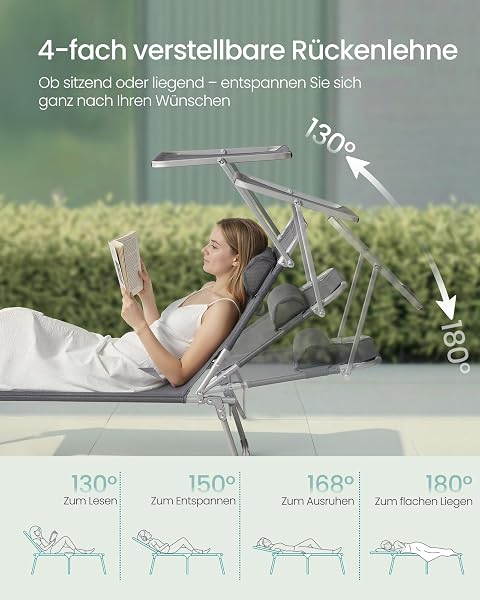 SONGMICS Sonnenliege klappbar, 2er Set, mit Kopfstütze, 189 x 53 x 28,5 cm, Gartenliege, belastbar bis 110 kg, verstellbare Sonnenblende und Rückenlehne, für Terrasse, Balkon, grau GCB292GZ02 - 5