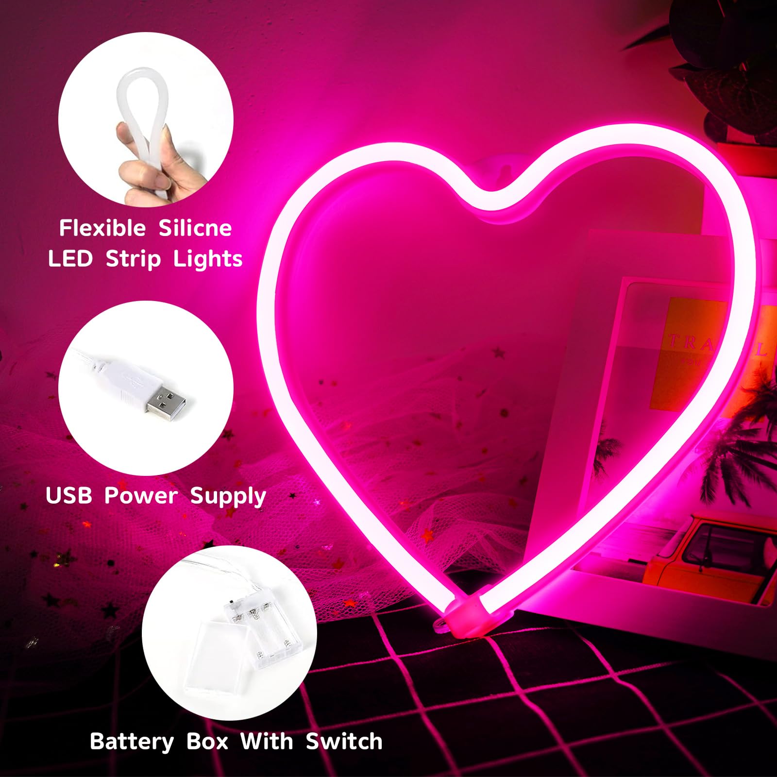 Rosa Herz-Neonschild Mit LED – Batterie- Oder USB-betrieben, Als Deko Für Zimmer & Partys