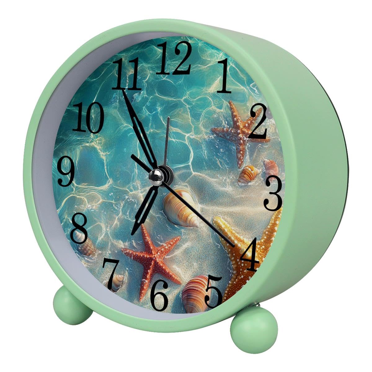 Luoweisi Alarm Clock Starfish Seashell Beach, Silent Non-Ticking with Night Light, Round Metal Alarm Clock for Office, Battery Operated, Bedroom, Elderly, Adults, Children, Student Gifts