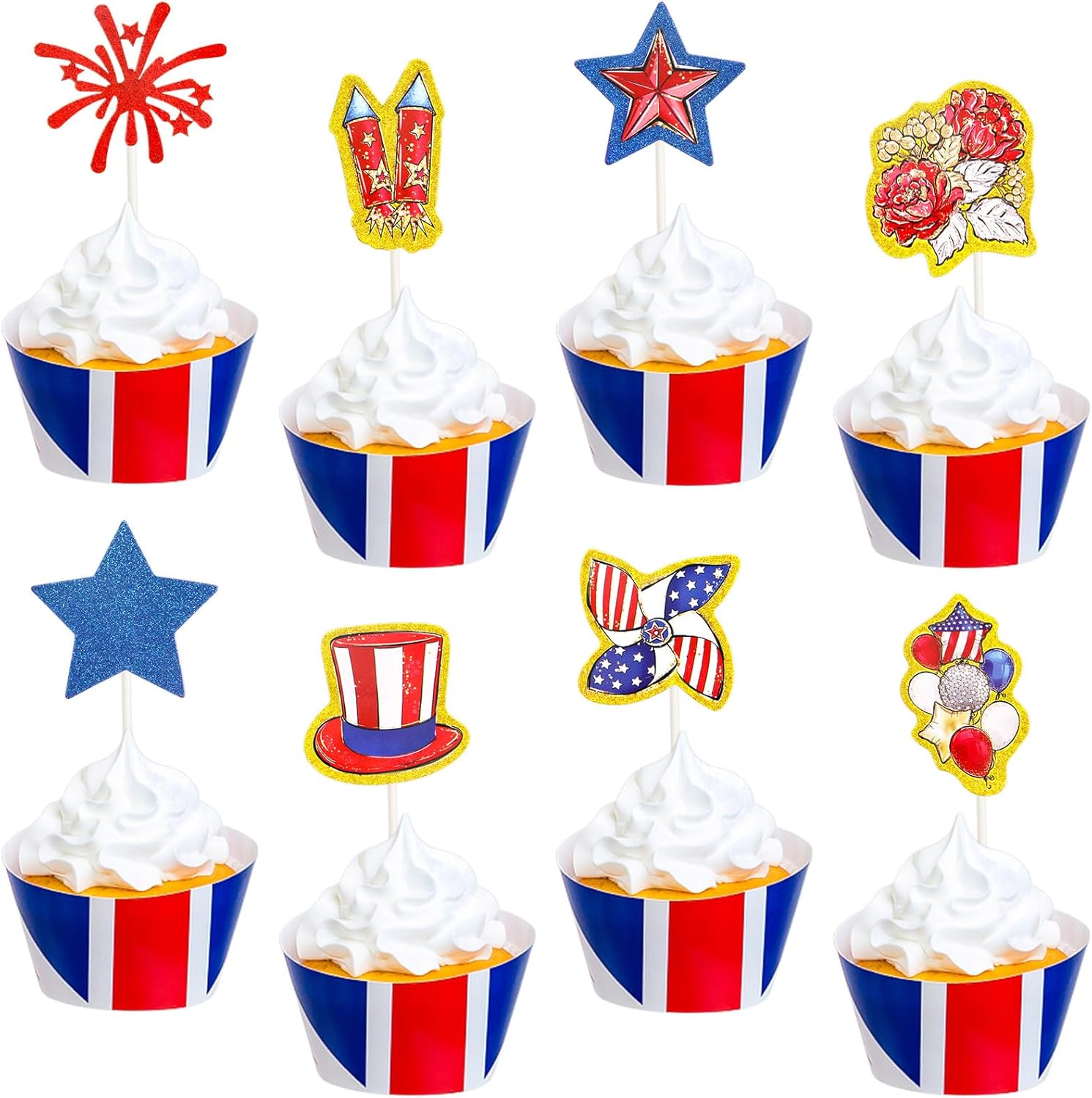 4th of July Cupcake Toppers 72PCS Glitter Patriotic Cupcake