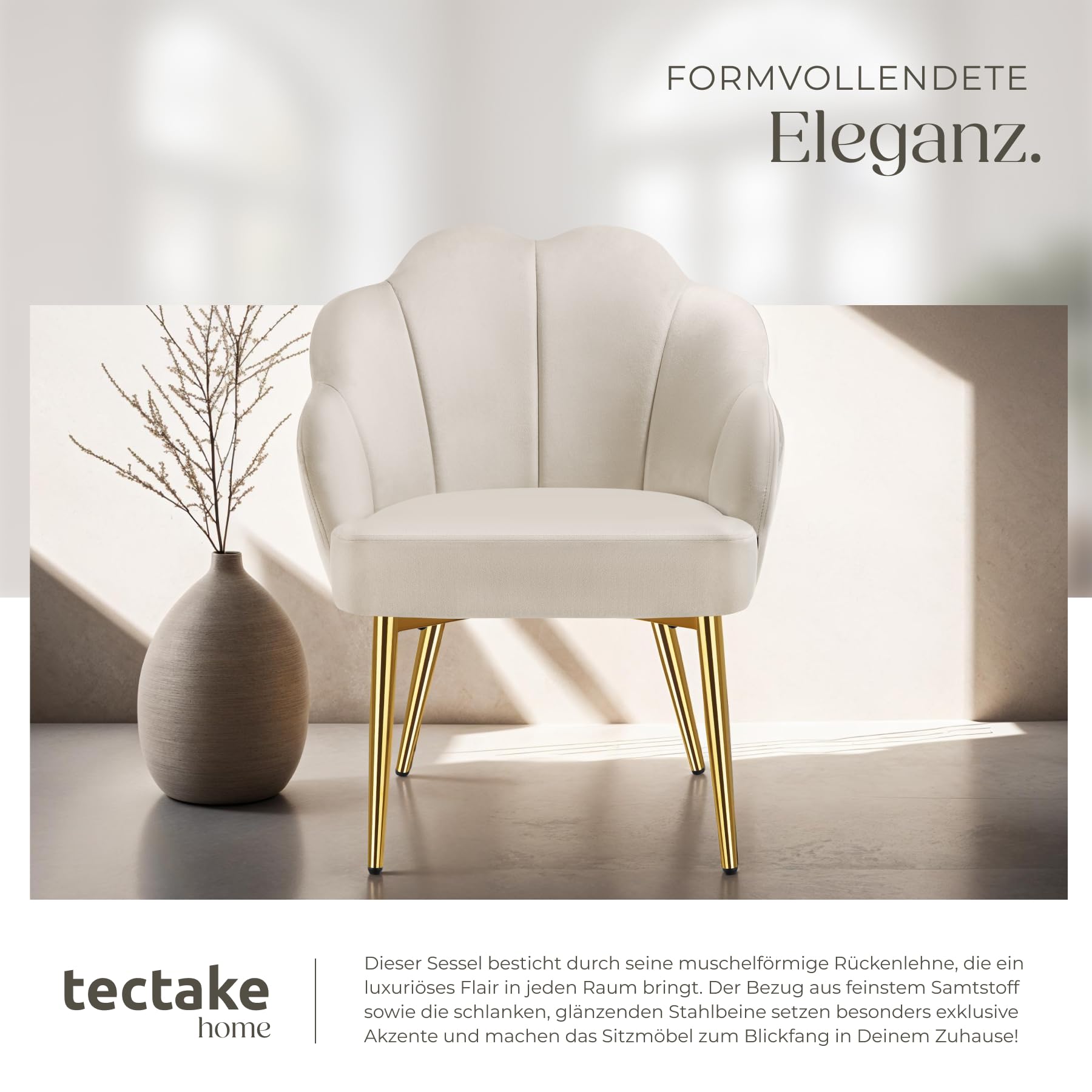 tectake® Cocktailsessel in Muschelform, Samt Stuhl mit Armlehne, Sessel Wohnzimmer, Loungesessel, Stühle Esszimmer, Relaxsessel, Sessel Schlafzimmer, Deko Zimmer, Lesesessel - créme/Gold, 1 Stuhl