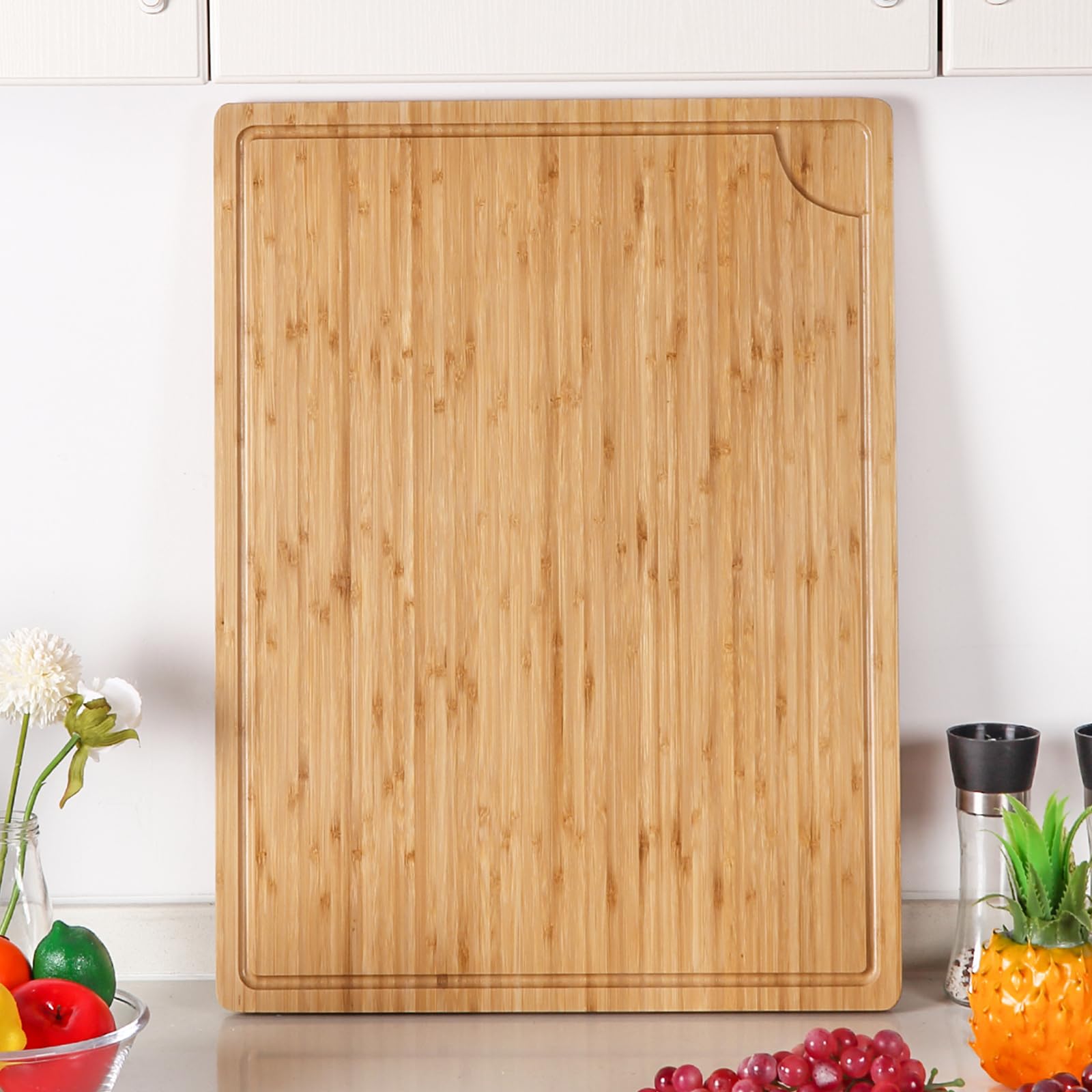 24" Bamboo Cutting Boards for Kitchen, Extra Large Wood Cutting Board with Deep Juice Groove and Handle, Over the Sink Chopping Board, Heavy Duty Butcher Block for Turkey, Meat, Vegetables, BBQ