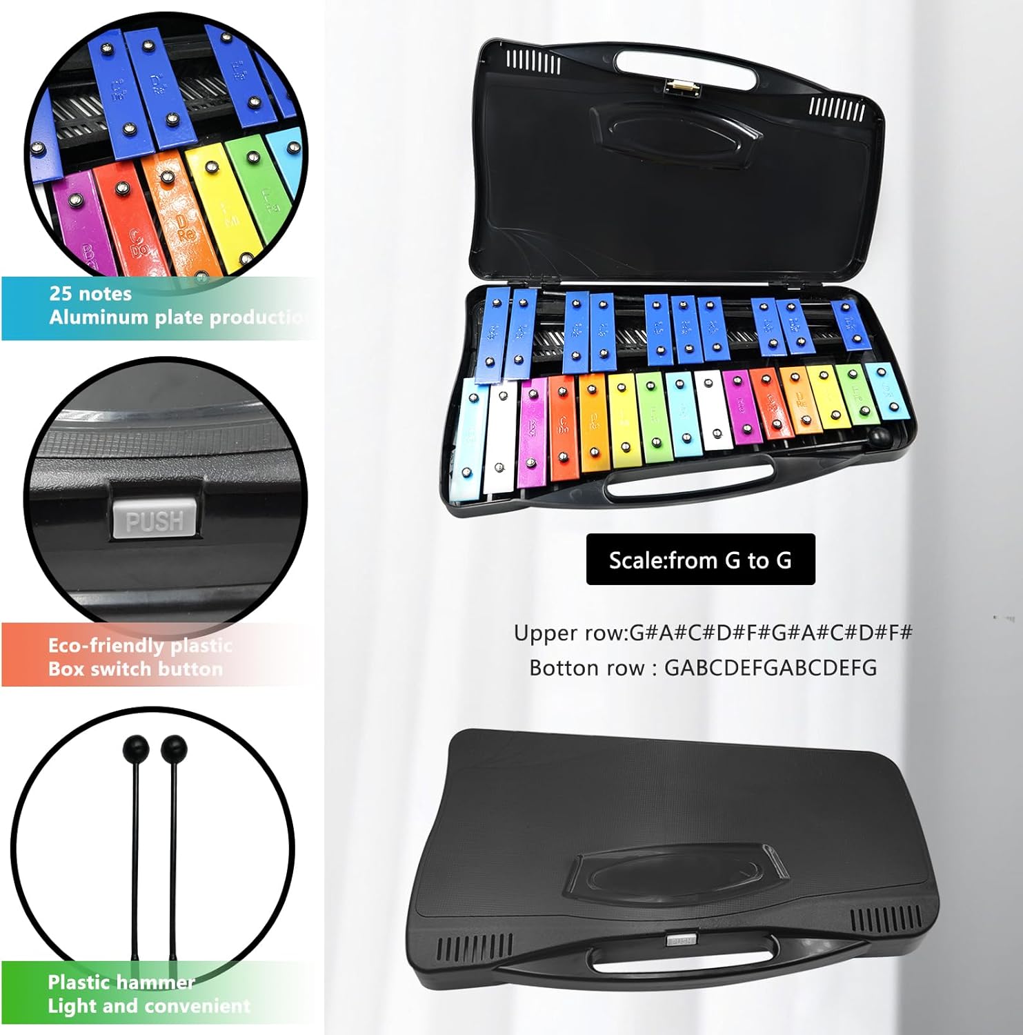 Soulmate 25 Notes Xylophone for kids Colorful Musical Toy Metal Keys,Professional Xylophone Glockenspiel Instrument with case and Two Safe Mallets for Beginners, Music Teaching, Gifts(Black)