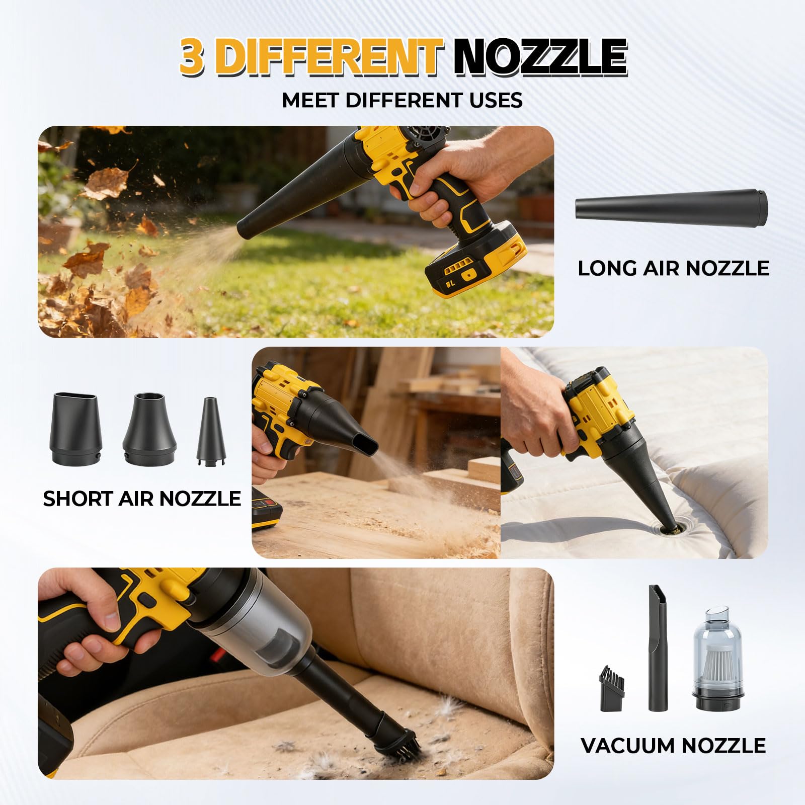 Soplador y aspiradora inalámbricos 2 en 1 compatibles batería Dewalt 18V, soplador aire sin escobillas 150 W/aspiradora aire comprimido con 5 boquillas para automóviles talleres teclados (sin batería)