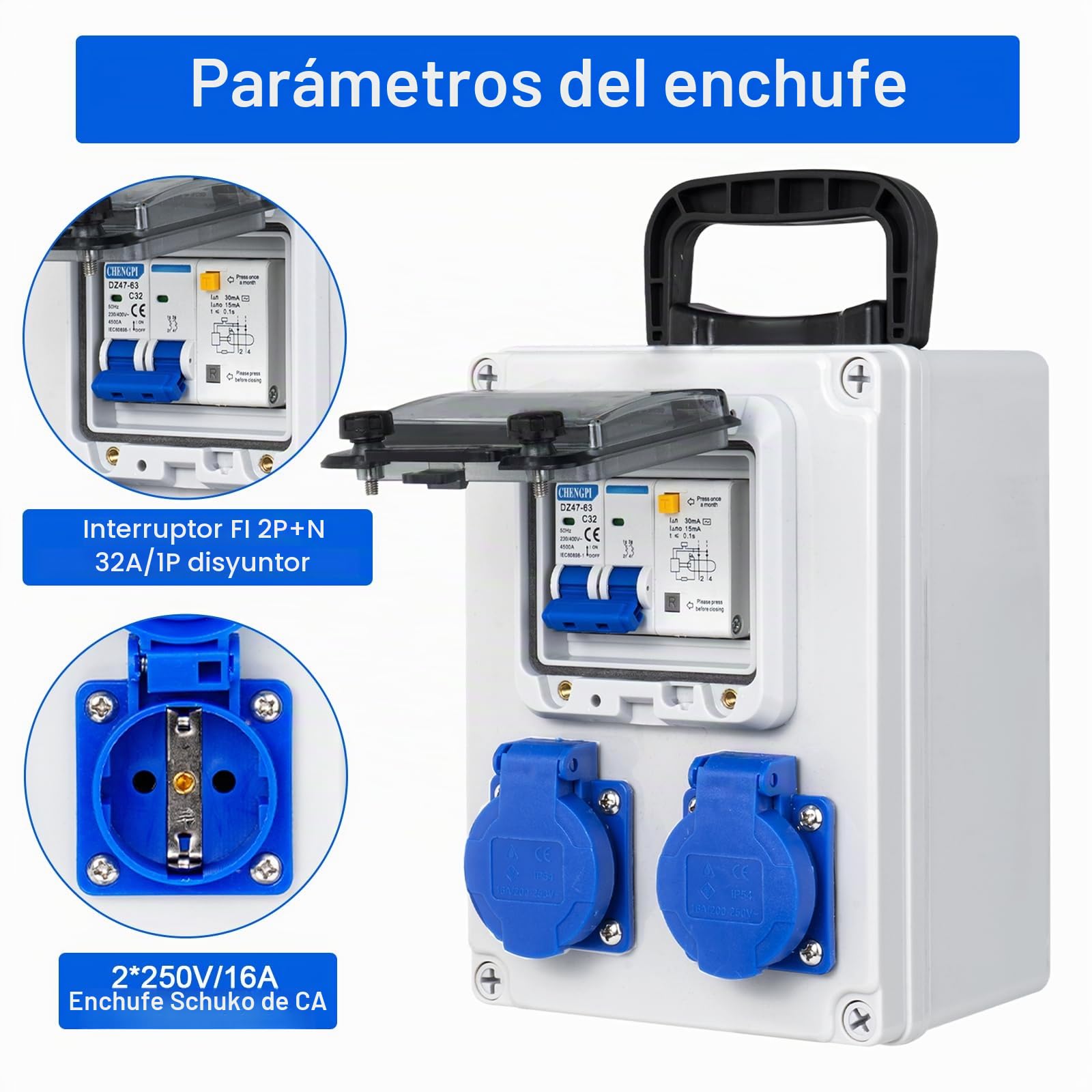 Distribuidor de Corriente con Interruptor FI 1P + N 16A, Caja Enchufes Pared con 2 Enchufes Schuko de AC 250V/16a, Caja de Distribución Portátil de Superficie para Construcción