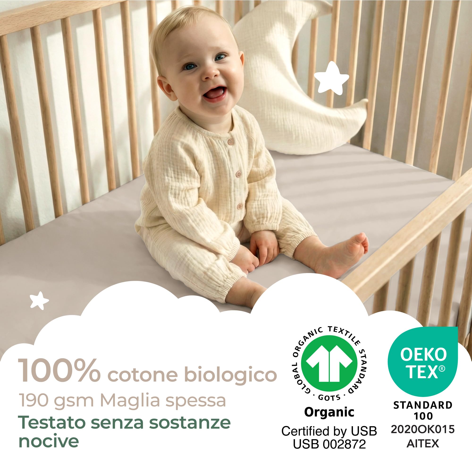 Dreamzie - Lenzuola con Angoli Lettino 40x76 cm, Set da 2, Cotone Biologico GOTS Jersey, per Culla Co-Sleeping e Next2Me, Bianco Beige