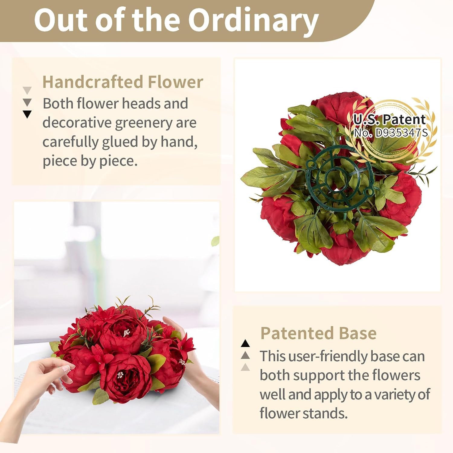 Nuptio Fiore Artificiale Peonia per Centrotavola: 2 Pezzi 24cm di Diametro Rosso Fiori Finti Palla Disposizione Seta Bouquet da Sposa Centrotavola di Nozze per Tavolo Decorazioni Casa