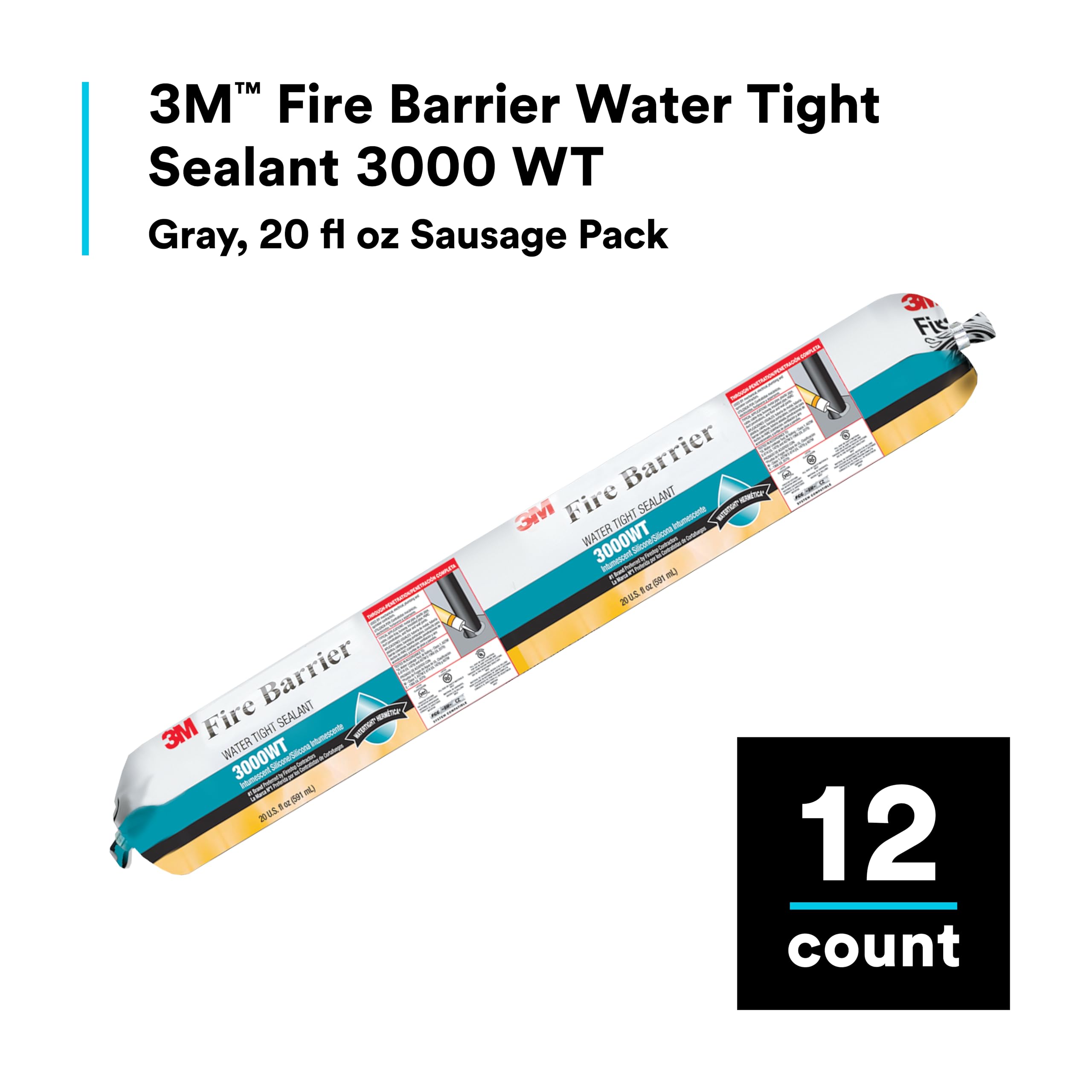 3M Fire Barrier Water Tight Sealant 3000 WT, Gray Color, Gun-Grade, Intumescent, Silicone, Elastomeric Material, 20 fl oz Sausage Pack