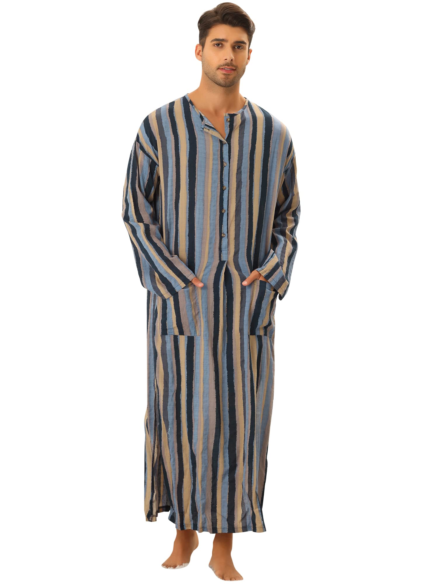 Lars Amadeus Men's Striped Nightgown Nightgown Long Sleeve Button Crew Neck Pocket Nightwear Cotton X-Large navy grey