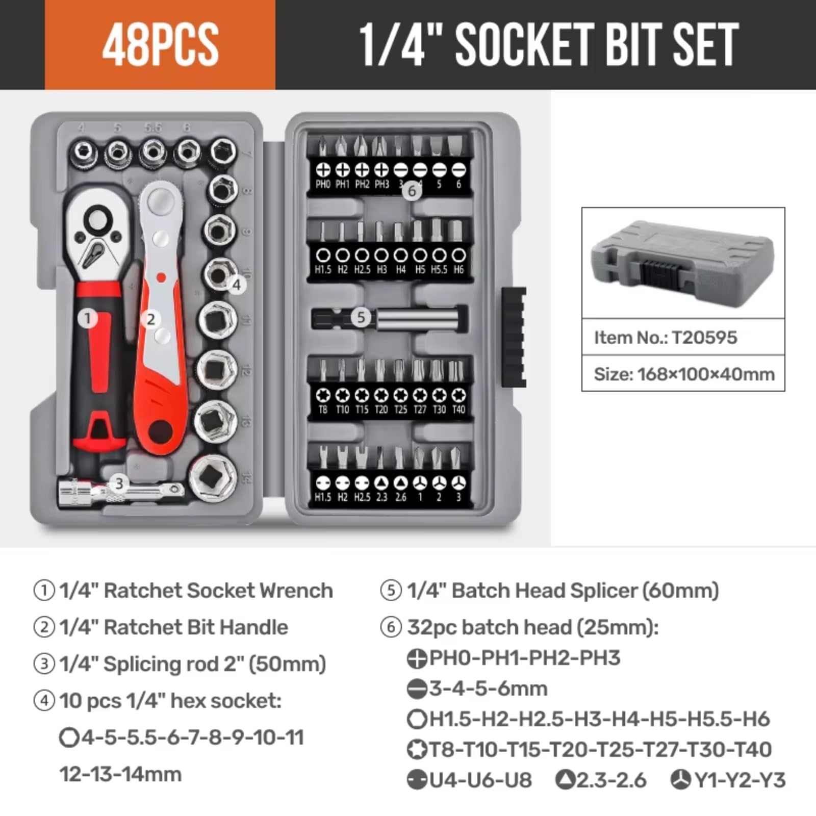 Set attrezzi da officina Set Di 48 Punte A Bussola Da 1/4" Con Cricchetto 32 Punte PH/T/esagonali 10 Prese Aste Di Giunzione E Custodia Portatile Auto/casa Utensili Manuali Fai Da Te