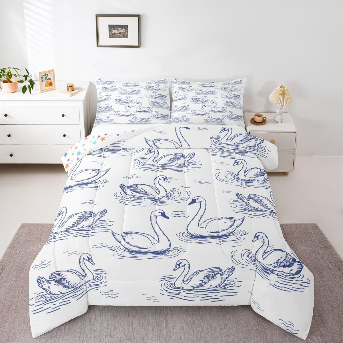 Feelyou Cartoon Swan Comforter Set Queen Size Kids Cute Swan Comforter for Boys Girls Teens Pink Hand Drawn Swan Home Decor Bedding Set Farmhouse Animal Duvet Set