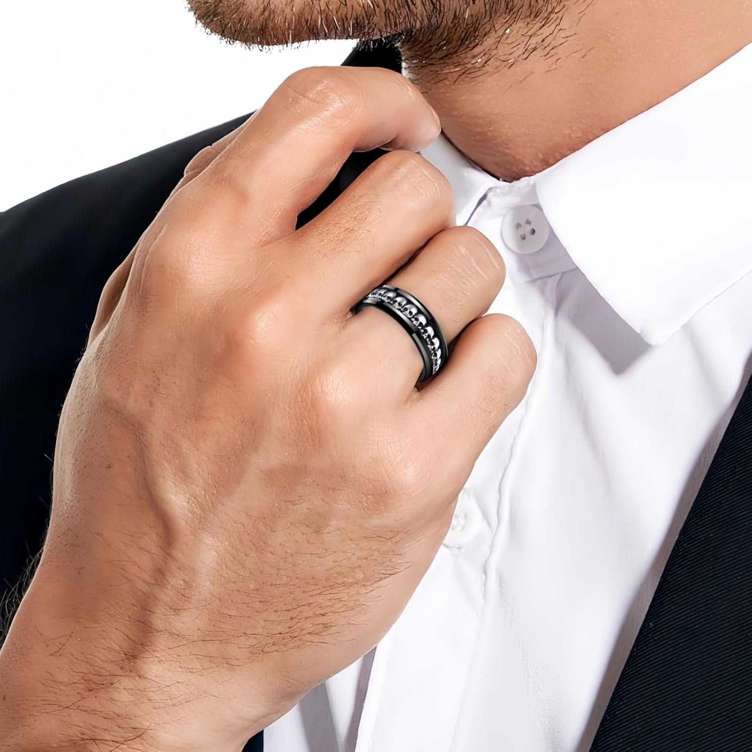 NUNCAD Personalized Mens Rings Sterling Silver Skull Inlay Black/Silver Tungsten Carbide Band 8mm Gothic Demon Skeleton Engraved Band Viking Jewelry Gift Comfort Fit Size 8-13 - Image 4